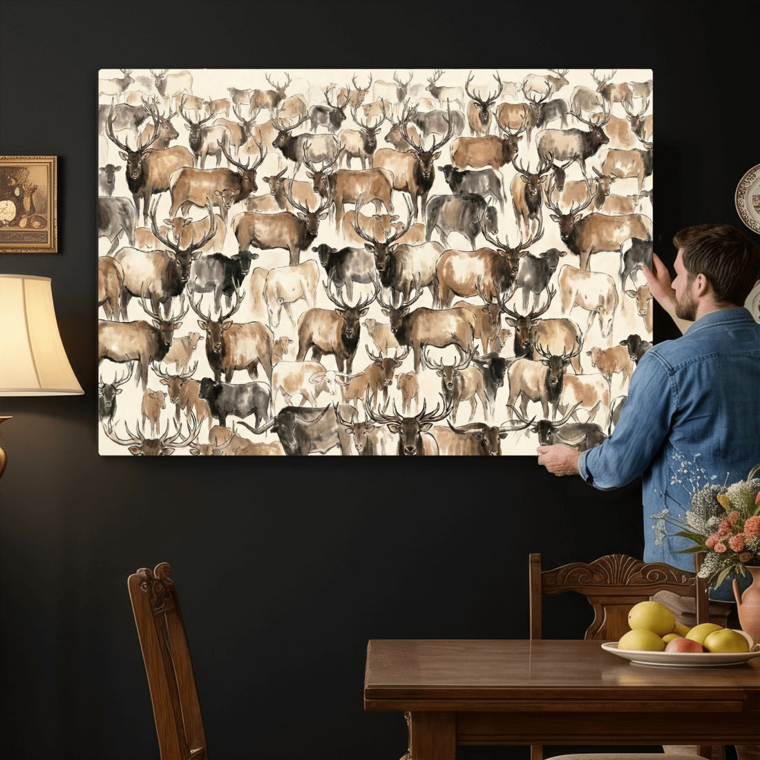American Elk Wall Art Canvas Print, Abstract Deer Animal Drawing for Cabin Decor