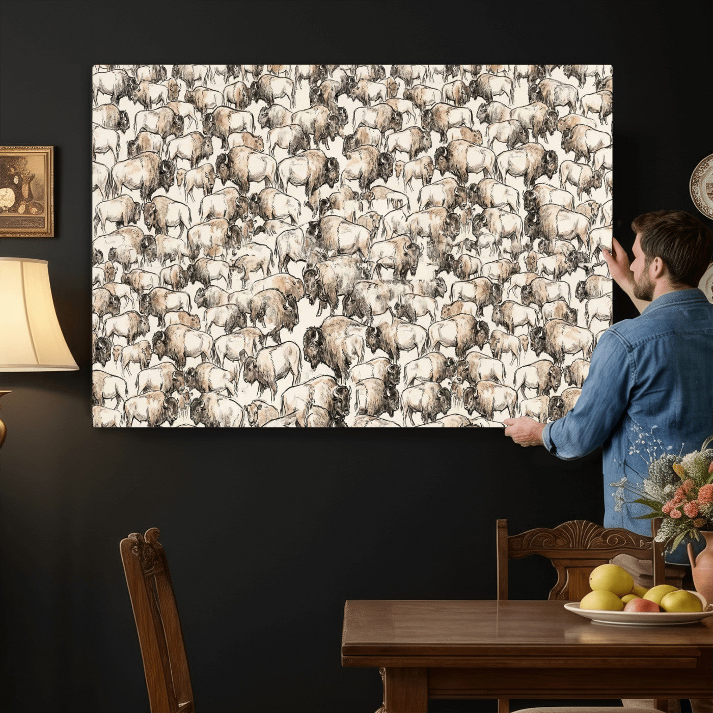 77502929-MGV-CV-36X24 - Farmhouse Animals Wall Art Canvas Print - Abstract Farm Animal Drawing Mid-Century Wall Art for Cabin Decor