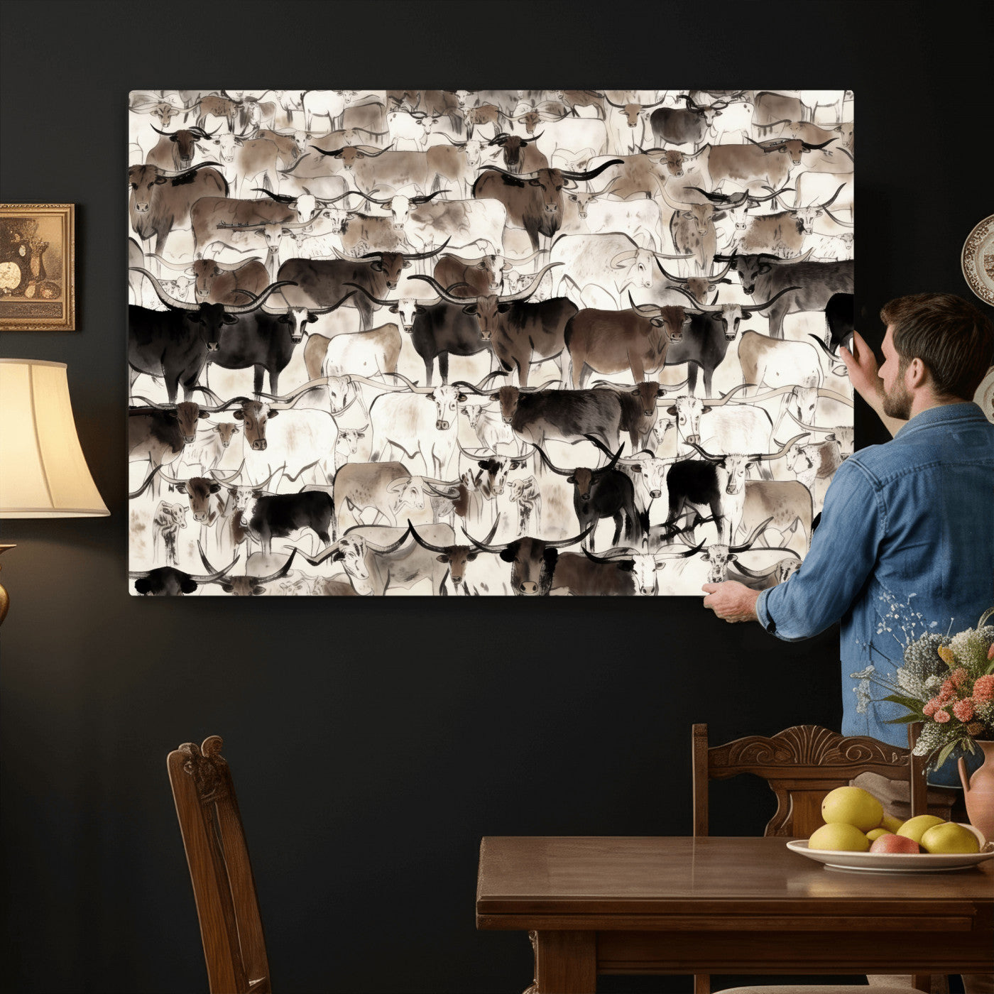 46084312-MGV-CV-36X24 - Farmhouse Animals Wall Art Canvas Print - Abstract Farm Animal Drawing Mid-Century Wall Art for Cabin Decor