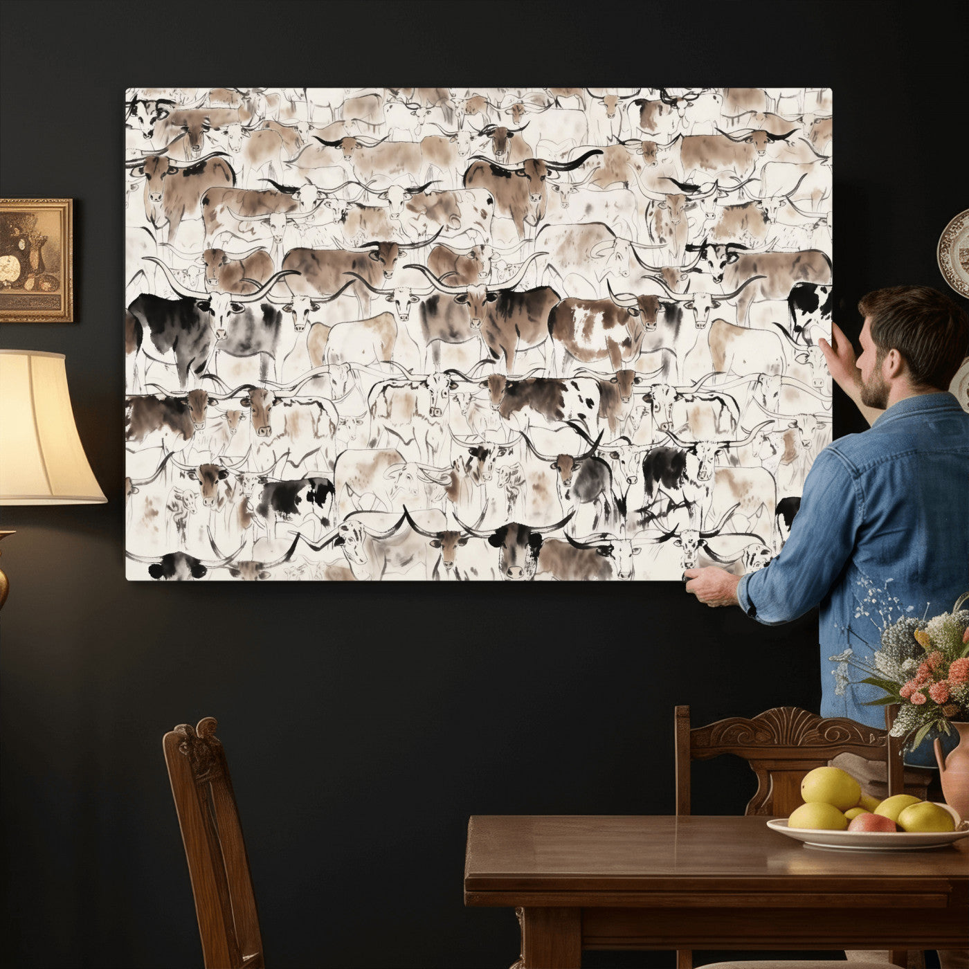 66685375-MGV-CV-36X24 - Farmhouse Animals Wall Art Canvas Print - Abstract Farm Animal Drawing Mid-Century Wall Art for Cabin Decor