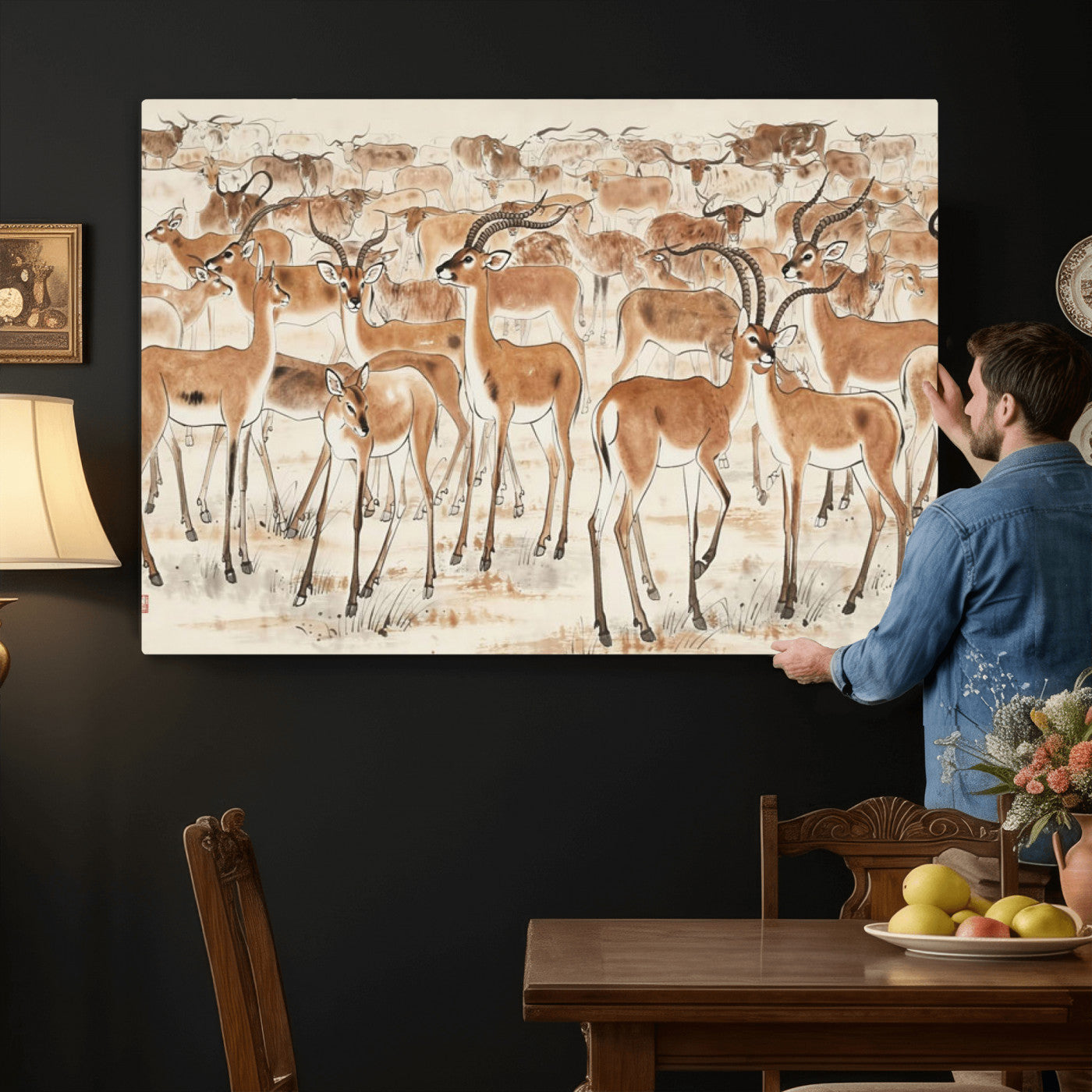 67375088-MGV-CV-36X24 - Farmhouse Animals Wall Art Canvas Print - Abstract Farm Animal Drawing Mid-Century Wall Art for Cabin Decor