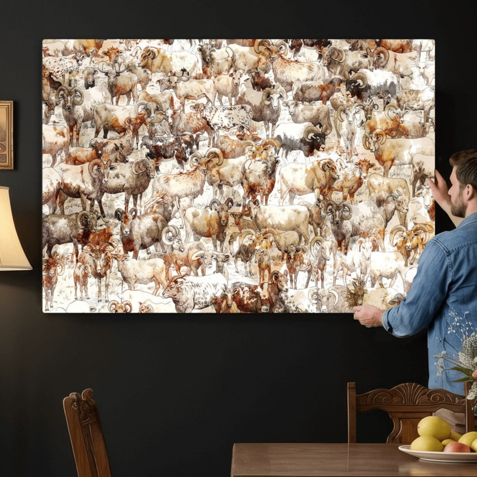 95103864-MGV-CV-36X24 - Farmhouse Animals Wall Art Canvas Print - Abstract Farm Animal Drawing Mid-Century Wall Art for Cabin Decor