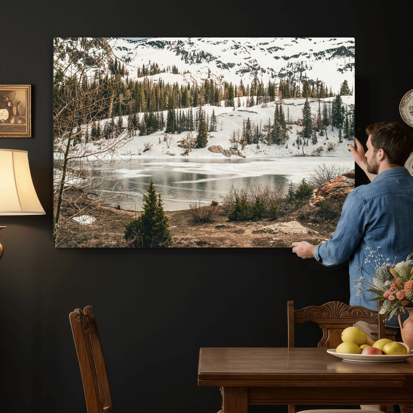 10336249-MGV-CV-36X24 - Snowy Mountain Landscape Wall Art Canvas Print, Alpine Pine Forest Winter Nature Wall Decor for Living Room and Office