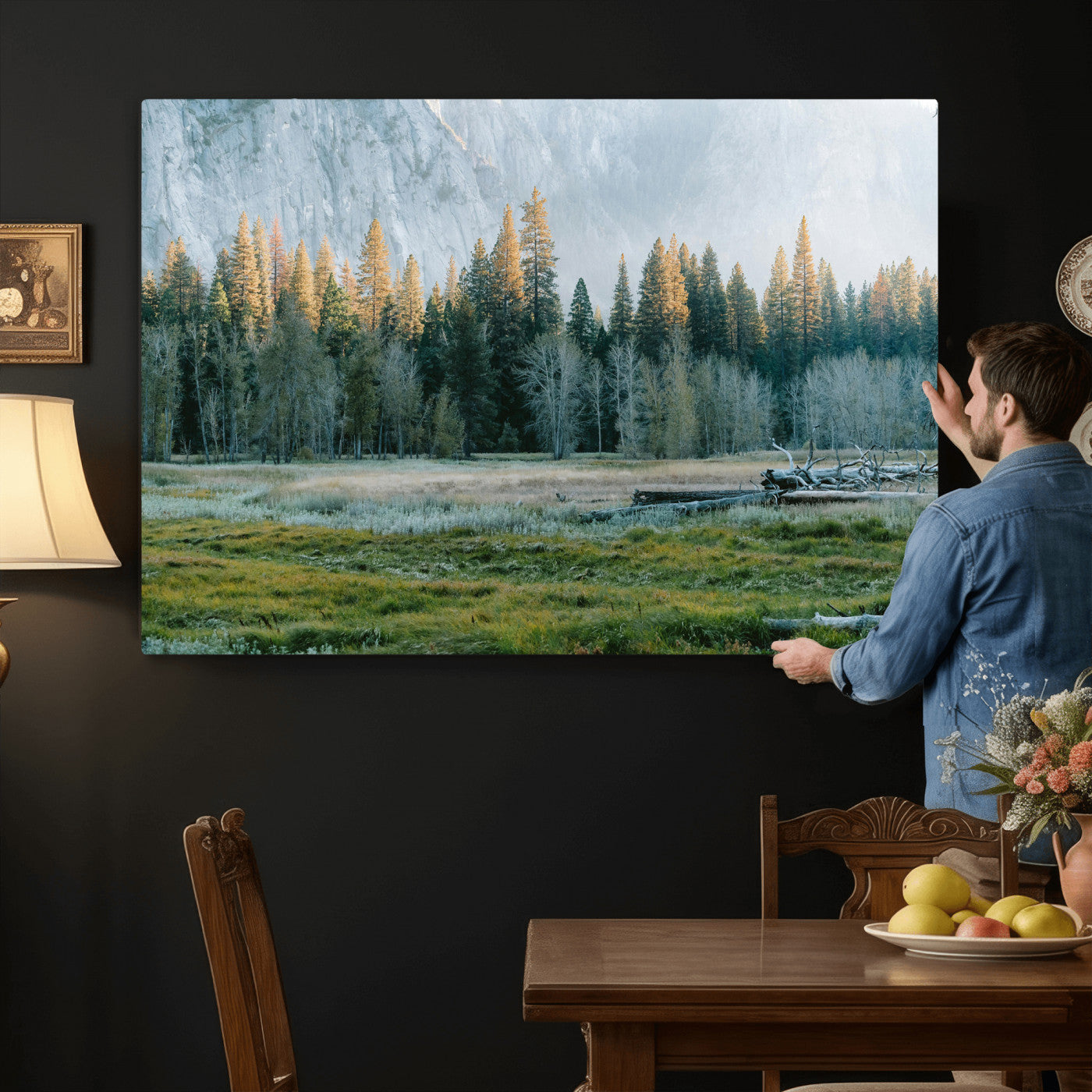 95548744-MGV-CV-36X24 - Forest Meadow Wall Art Canvas Print, Pine Tree Landscape Nature Artwork, Mountain Valley Scenic Photography, Calm Wilderness Wall Decor