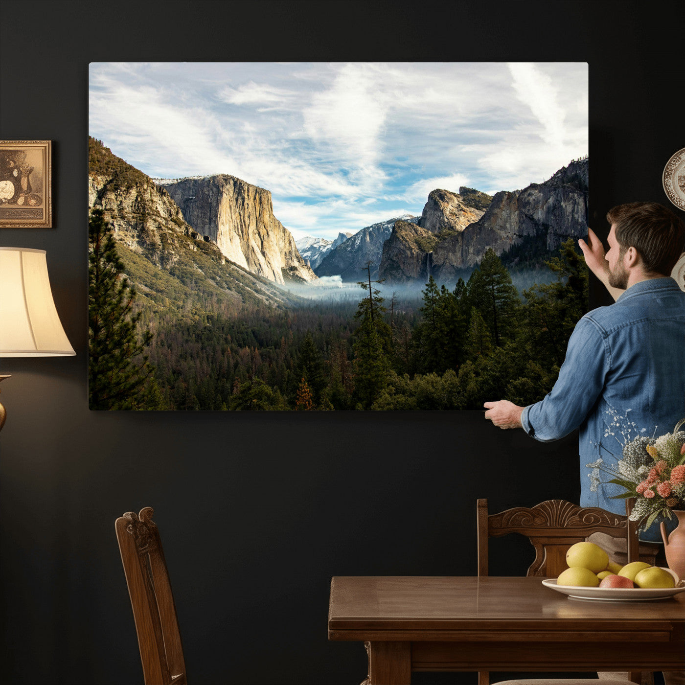 15089394-MGV-CV-36X24 - Yosemite Valley Mountain Landscape Wall Art Canvas Print, Granite Cliff Forest Valley Canvas Print, California National Park Scenic Art Printing