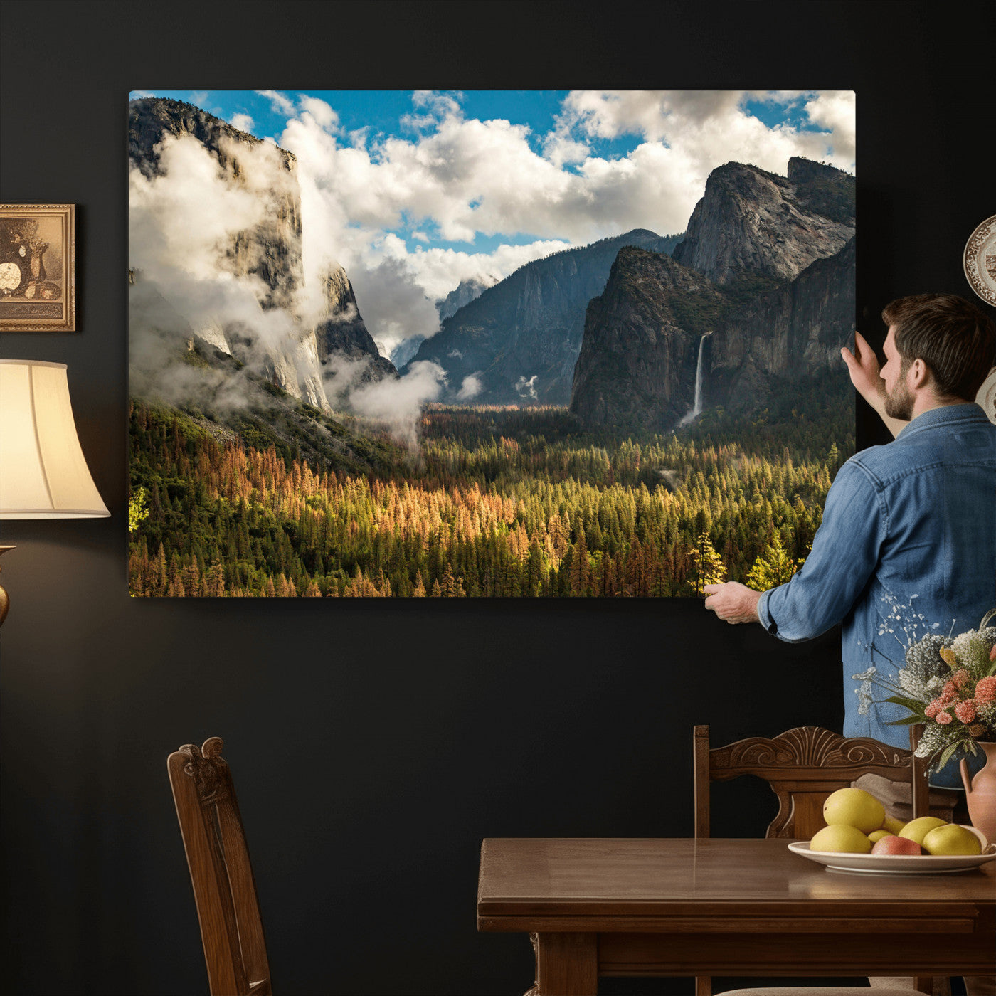 18271001-MGV-CV-36X24 - Yosemite Valley River Landscape Wall Art Canvas Print, Granite Cliffs Forest River Canvas Print, California National Park Moody Scenic Art Printi