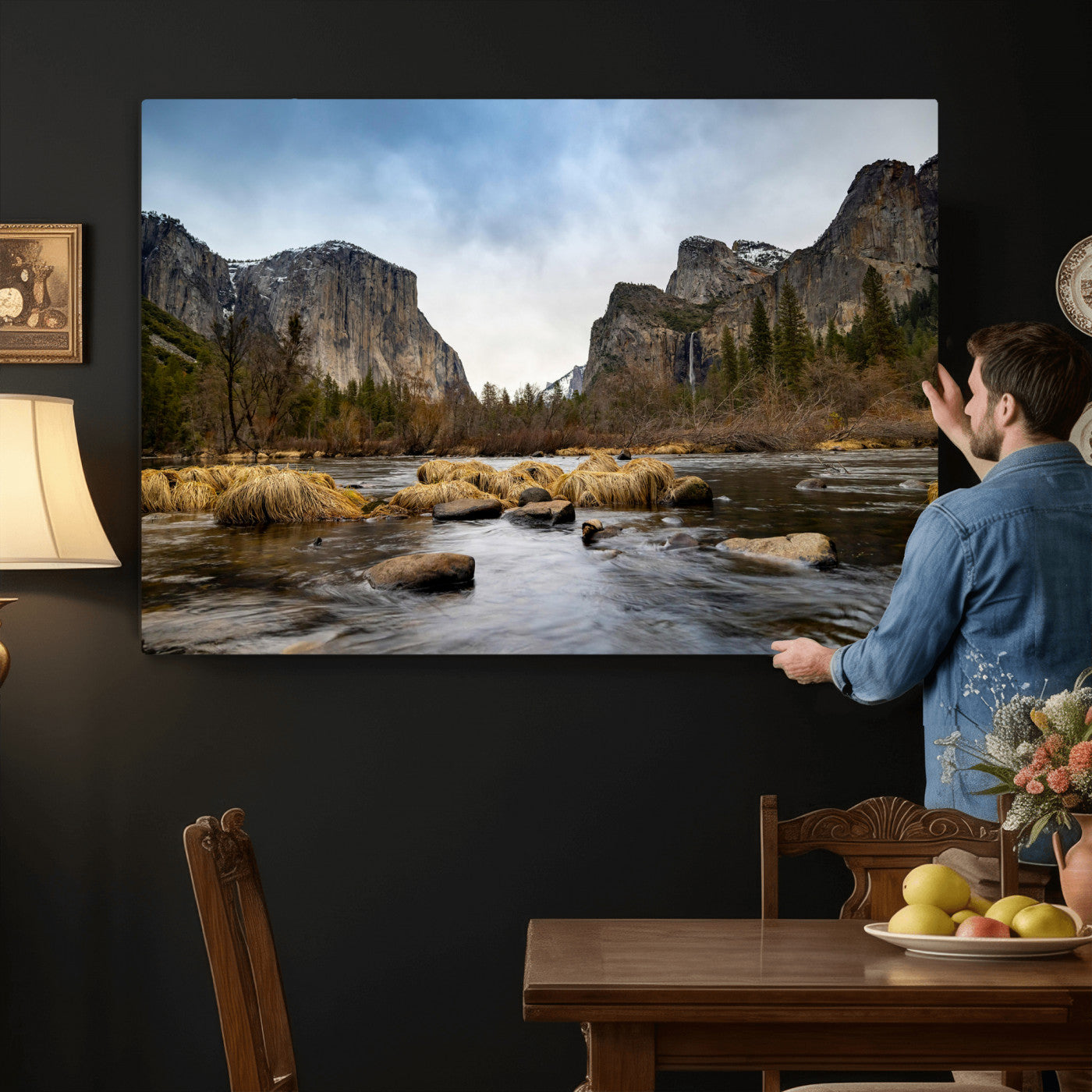 20458404-MGV-CV-36X24 - Yosemite Valley Mountain Landscape Wall Art Canvas Print, Granite Cliff Forest Valley Canvas Print, California National Park Scenic Art Printing