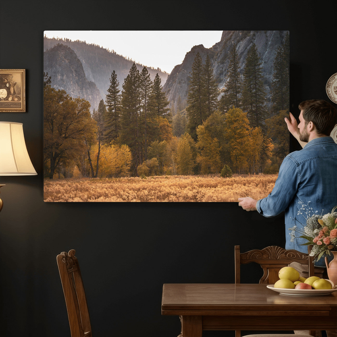 61682763-MGV-CV-36X24 - Yosemite Valley Autumn Forest Landscape Wall Art Canvas Print, Granite Mountain Pine Trees Canvas Print, California National Park Fall Scenic Art Printing