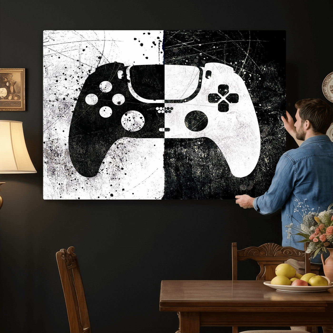 17525128-MGV-CV-36X24 - Abstract Gaming Controller Wall Art Canvas Print, Black White Video Game Controller Modern Canvas Print, Minimal Gamer Graphic Art Printing