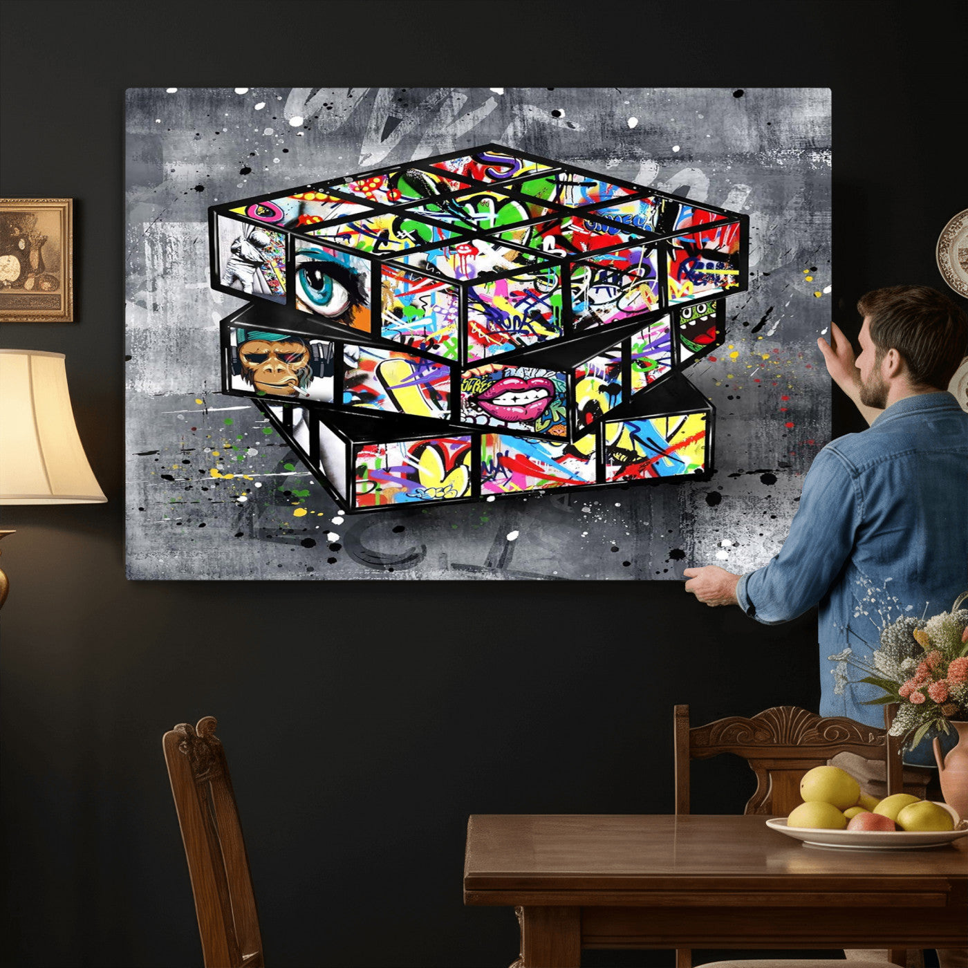 46789556-MGV-CV-36X24 - Graffiti Cube Abstract Street Art Wall Art Canvas Print, Colorful Urban Pop Art Geometric Canvas Print, Modern Street Art Contemporary Art Printing