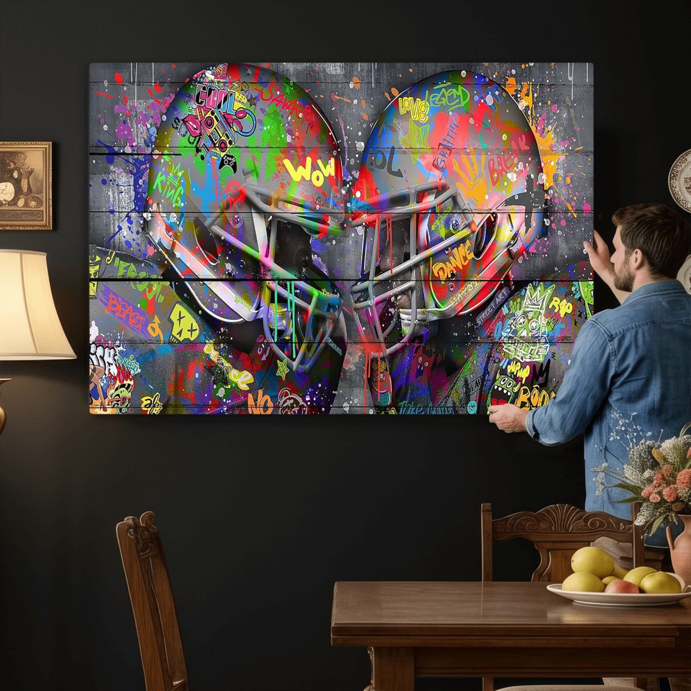 15309853-MGV-CV-36X24 - Graffiti Football Helmets Wall Art Canvas Print, Urban Street Art Sports Decor, Colorful American Football Graffiti Artwork