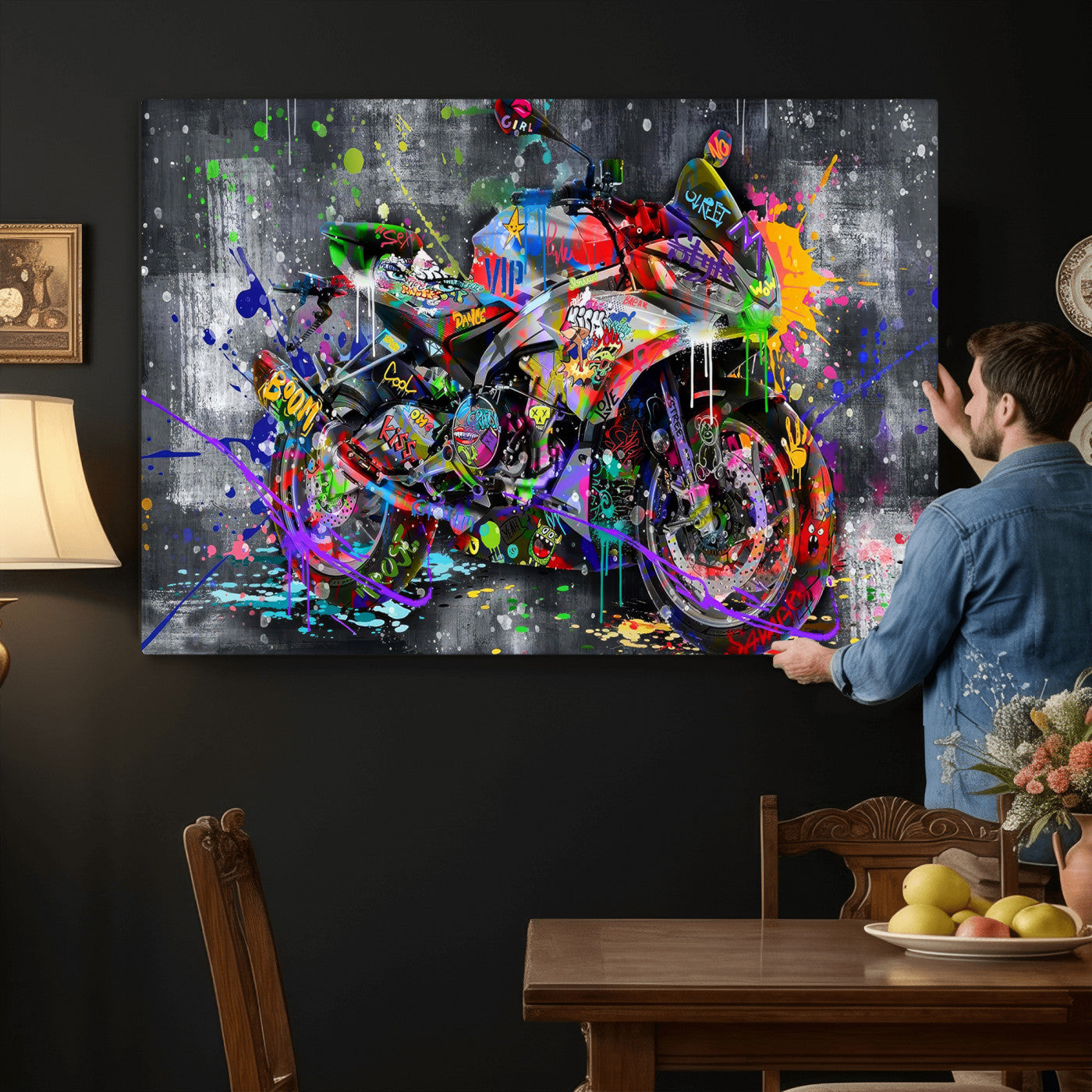 83021767-MGV-CV-36X24 - Graffiti Motorcycle Wall Art Canvas Print, Urban Street Art Motorbike Decor, Colorful Graffiti Sports Bike Artwork