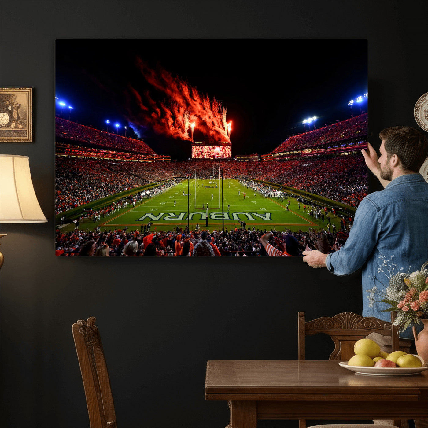 81918884-MGV-CV-36X24 - Auburn Stadium Wall Art Canvas Print, College Football Night Game Crowd, Jordan Hare Stadium Artwork