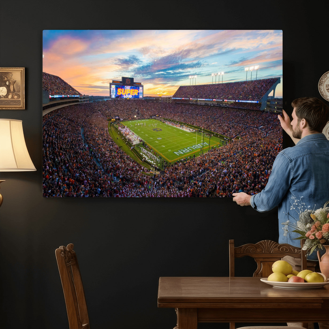75203764-MGV-CV-36X24 - Auburn Stadium Sunset Wall Art Canvas Print, Jordan Hare Stadium Game Day Crowd, Auburn Tigers Football Artwork