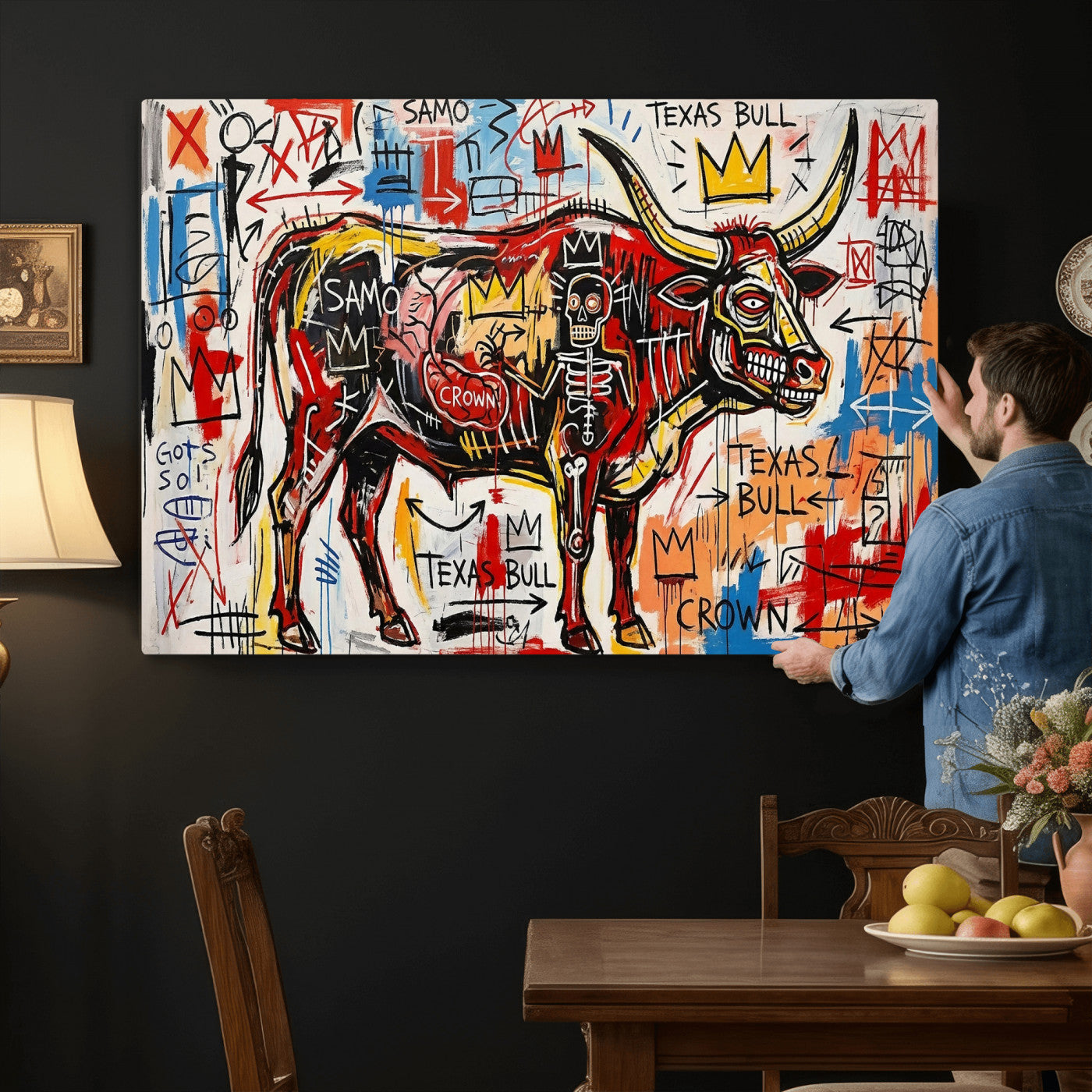 89504579-MGV-CV-36X24 - TITLE: Texas Bull Wall Art Canvas Print, Abstract Graffiti Bull Painting, Western Animal Art, Modern Ranch Decor