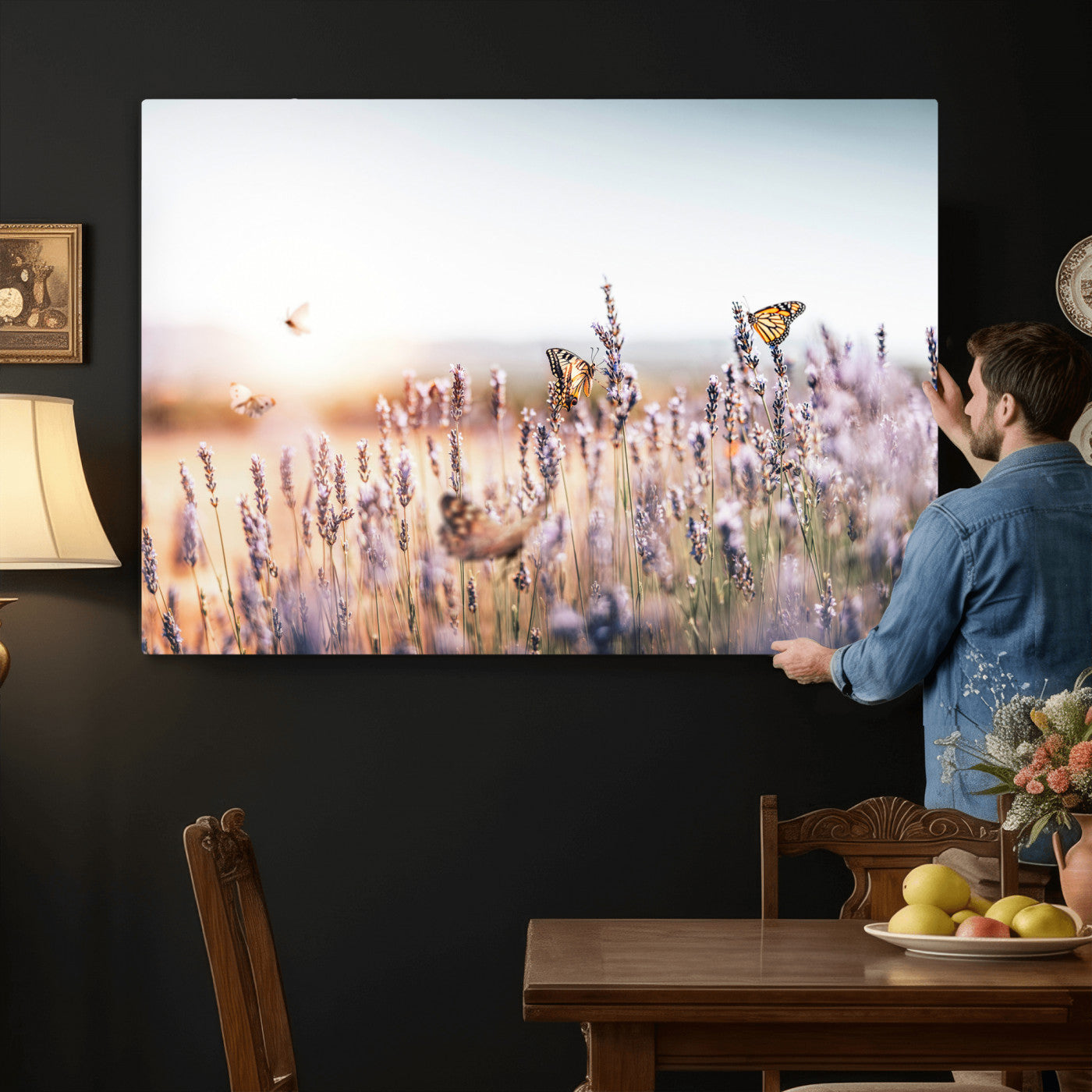 46417478-MGV-CV-36X24 - Lavender Field Wall Art Canvas Print, Butterfly Floral Landscape Art, Soft Nature Wall Decor for Bedroom