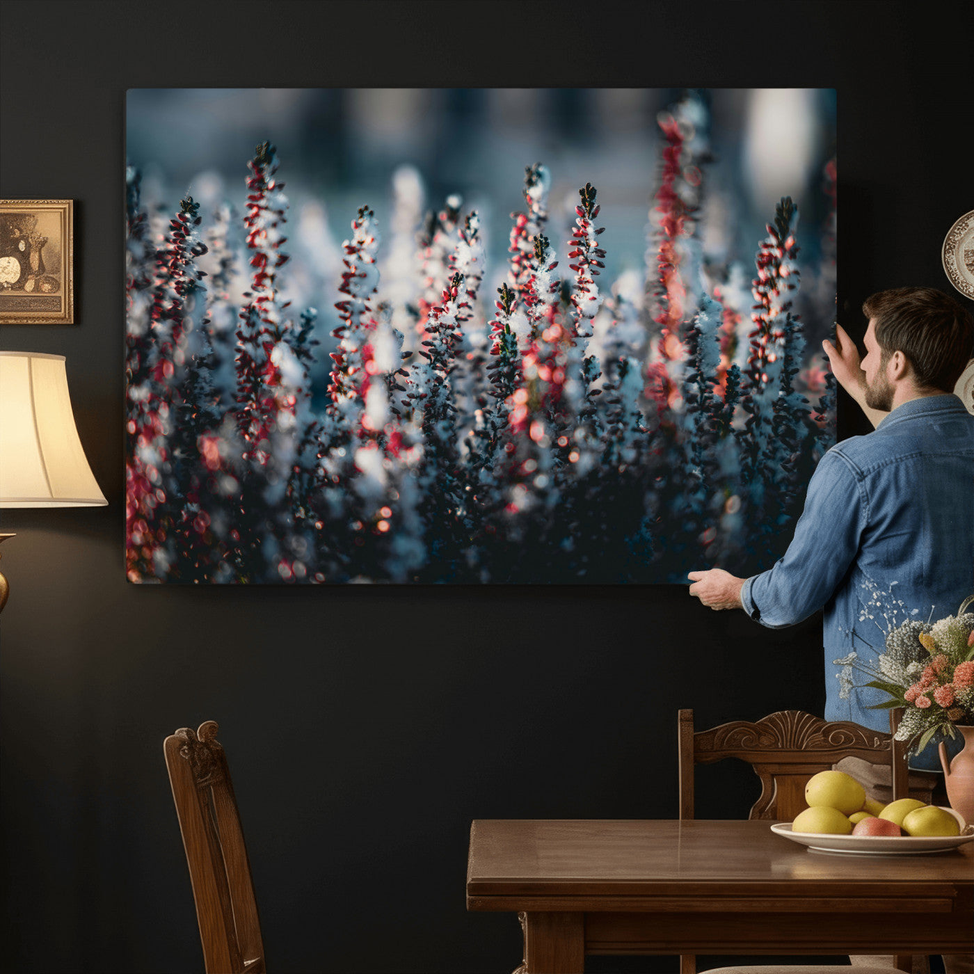 82063935-MGV-CV-36X24 - Winter Heather Wall Art Canvas Print, Frosted Floral Nature Art, Moody Botanical Wall Decor