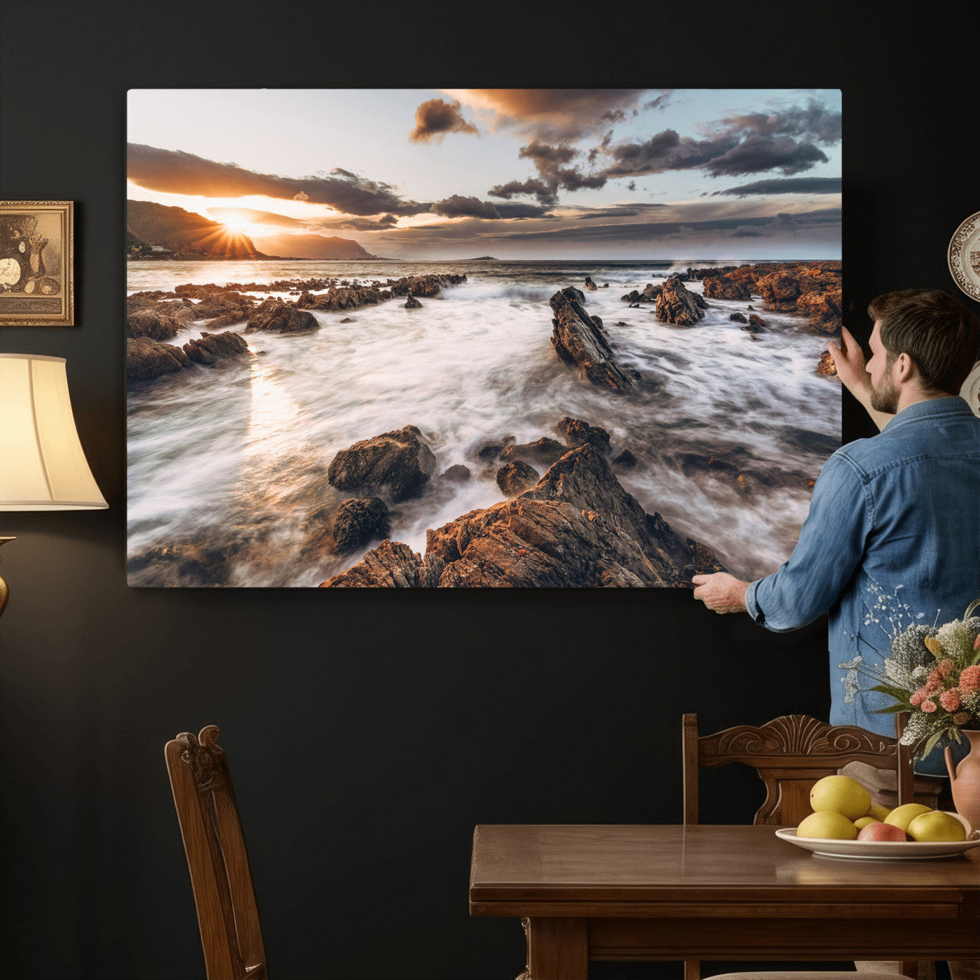 66746024-MGV-CV-36X24 - Rocky Coast Ocean Sunset Wall Art Canvas Print, Dramatic Seascape Nature Wall Decor for Living Room and Office