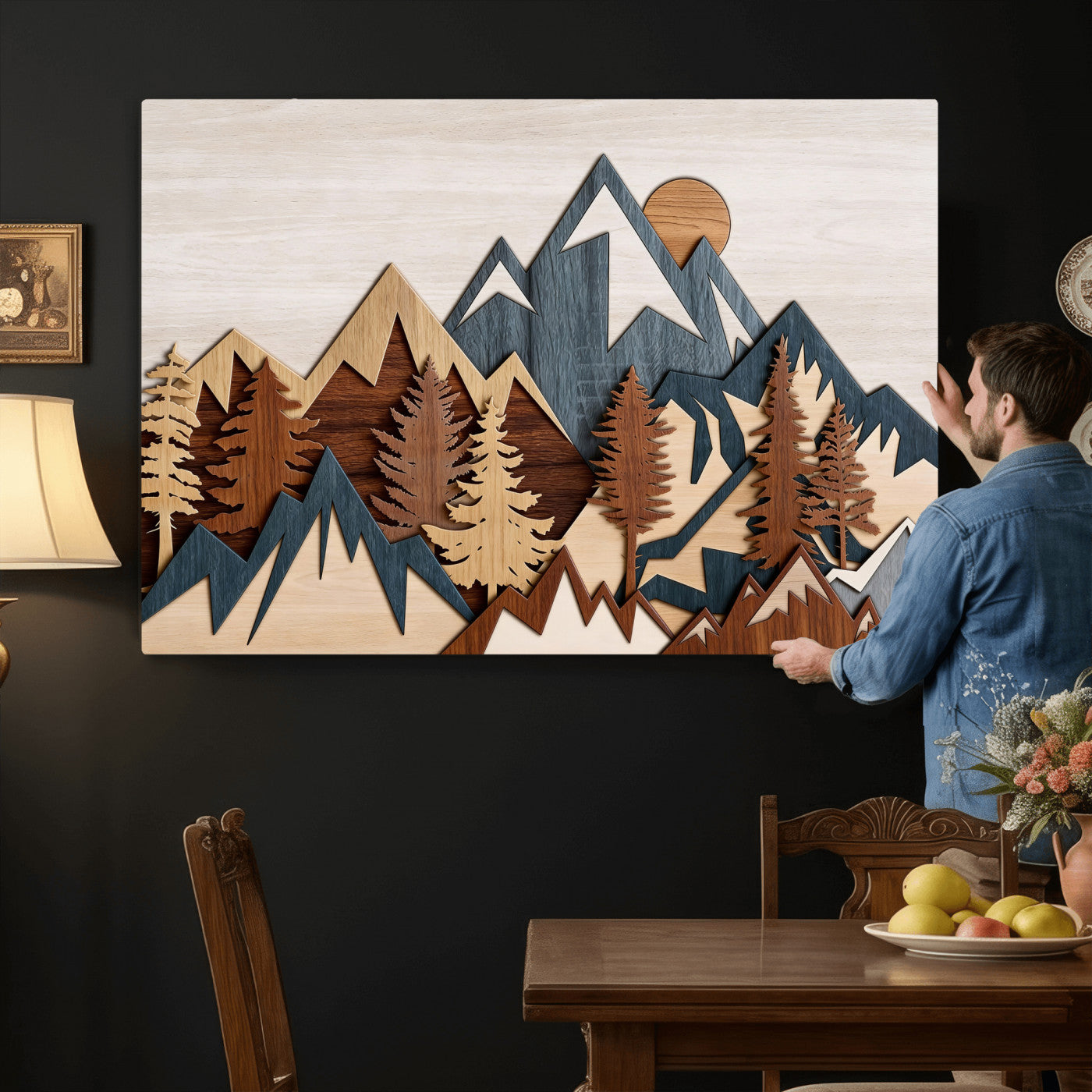 39888898-MGV-CV-36X24 - Layered Wooden Mountain Wall Art Canvas Print, Modern Rustic Forest and Pine Landscape Wall Decor