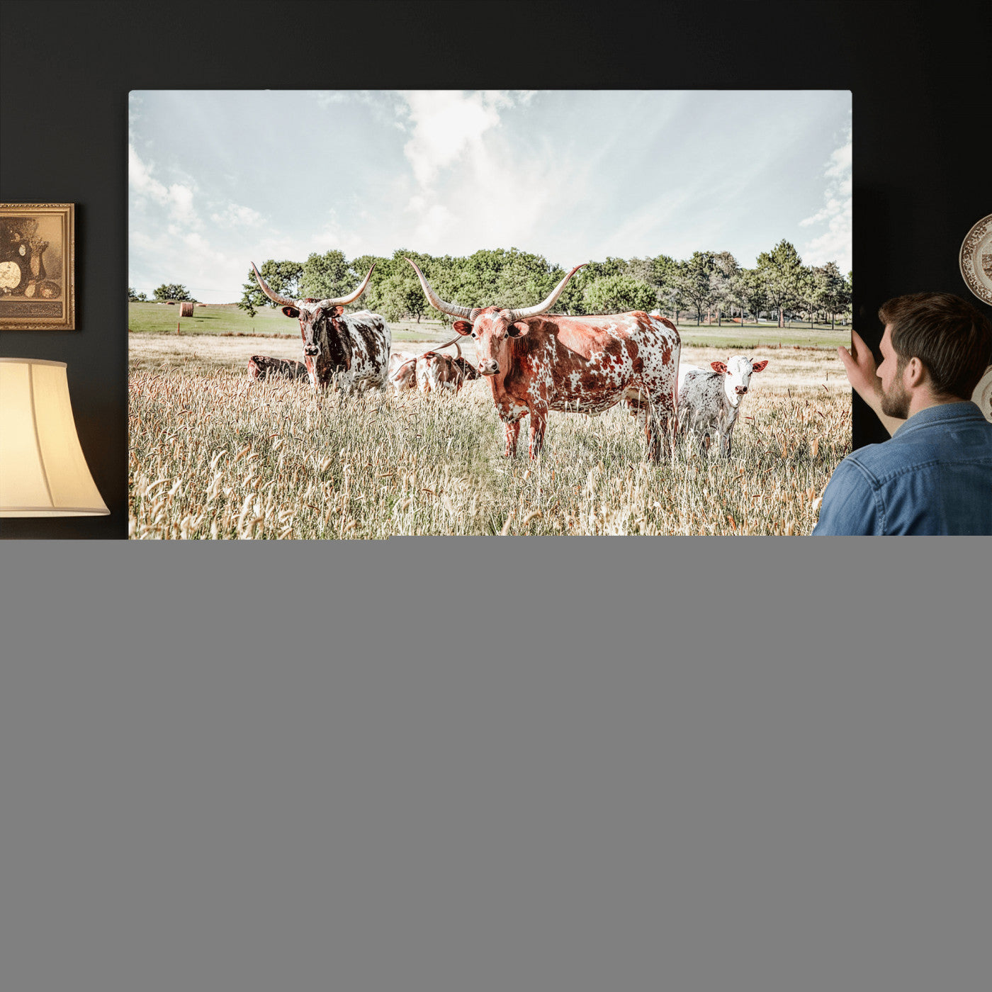33963645-MGV-CV-36X24 - Texas Longhorn Cattle Wall Art Canvas Print, Western Ranch Landscape Nature Wall Decor for Living Room and Office