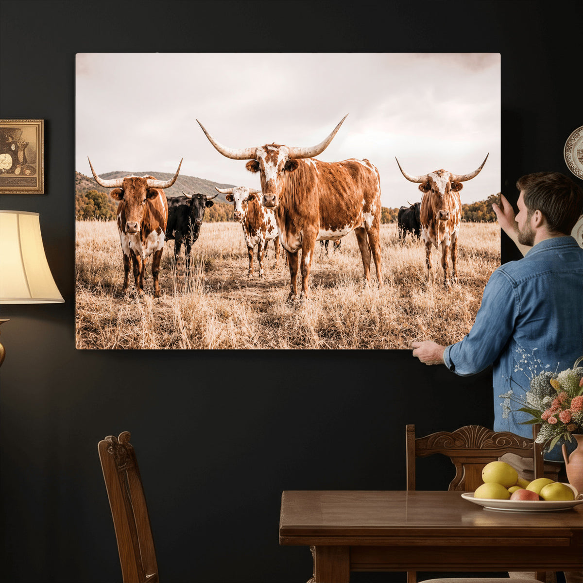 27539727-MGV-CV-36X24 - Texas Longhorn Cattle Wall Art Canvas Print, Sepia Western Decor