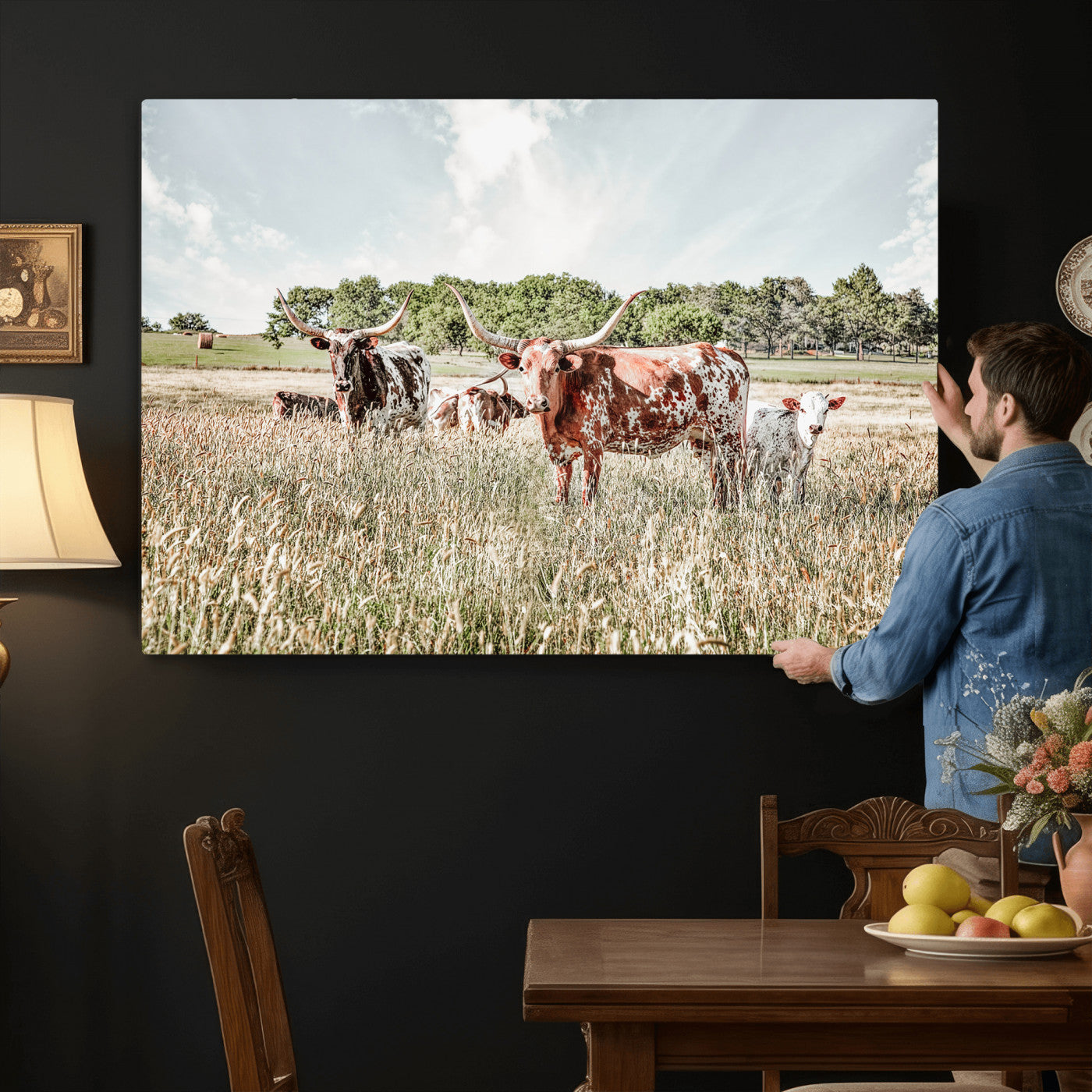21823552-MGV-CV-36X24 - Texas Longhorn Cattle Wall Art Canvas Print, Rustic Ranch Landscape Artwork, Western Farm Field Scene, Country Prairie Animal Canvas Wall Art