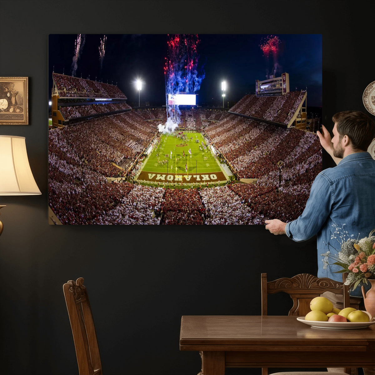 43197777-MGV-CV-36X24 - Oklahoma Memorial Stadium Wall Art Canvas Print – Oklahoma Sooners Football Artwork for Home, Office, and Sports Room Decor