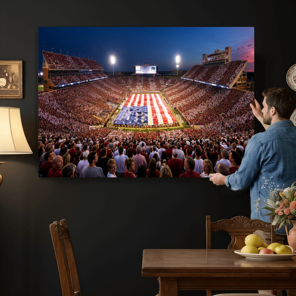 59917418-MGV-CV-36X24 - Oklahoma Memorial Stadium Wall Art Canvas Print – Oklahoma Sooners Football Artwork for Home, Office, and Sports Room Decor