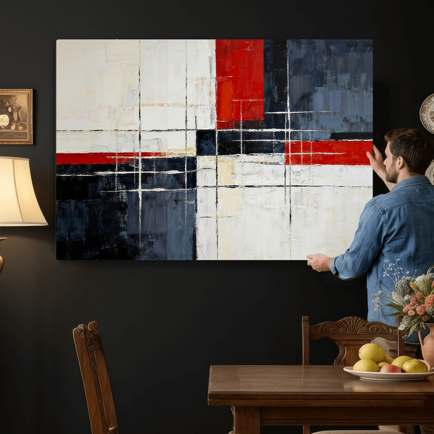 11921181-MGV-CV-36X24 - Navy Red Abstract Wall Art Canvas Print, Modern Luxury Geometric Painting Wall Decor for Living Room and Office