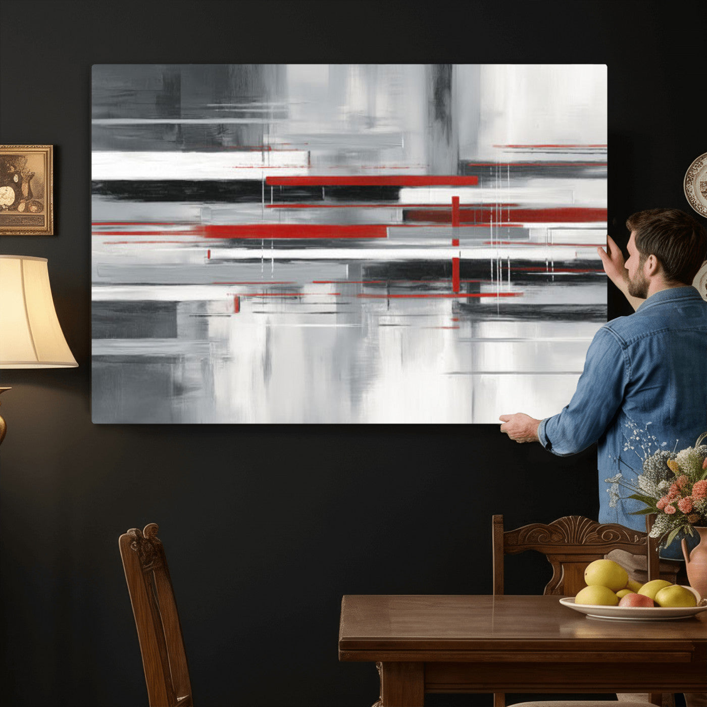 62640681-MGV-CV-36X24 - Gray Red Abstract Wall Art Canvas Print, Modern Abstract Canvas Wall Decor for Contemporary Living Room and Office