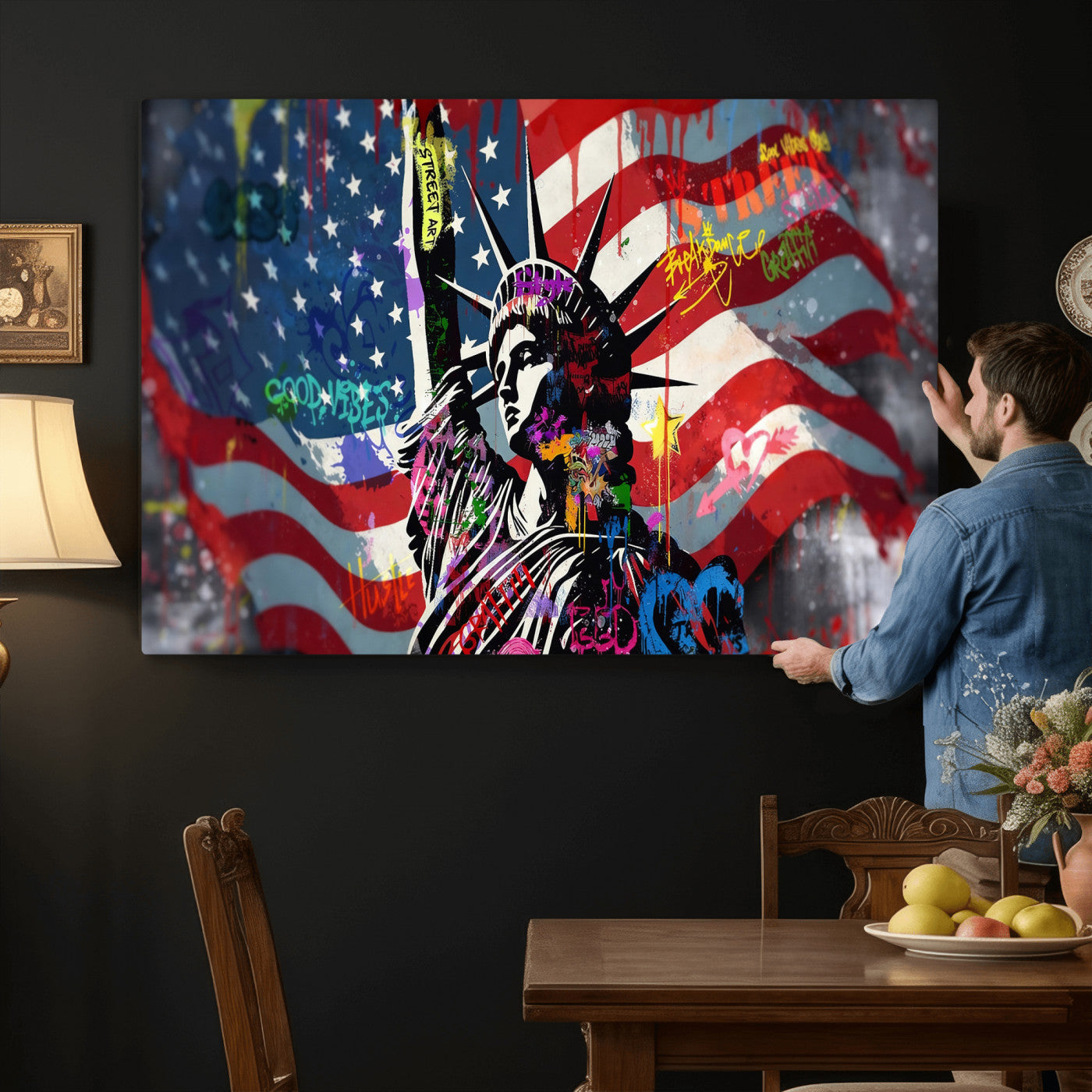32151941-MGV-CV-36X24 - USA Statue of Liberty Graffiti Street Art Wall Art Canvas Print, American Flag Urban Pop Art Canvas Print, Modern Patriotic Street Art Contemporary Art Printing