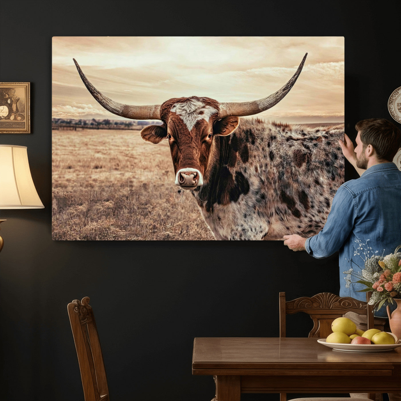 55805825-MGV-CV-36X24 - Texas Longhorn Wall Art Canvas Print – Western Cattle Ranch Artwork for Rustic Farmhouse Decor