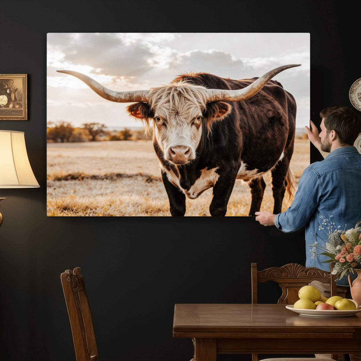88230279-MGV-CV-36X24 - Texas Longhorn Bull Rustic Wall Art Canvas Print, Western Cattle Photography Canvas Print, Ranch Farm Animal Western Art Printing