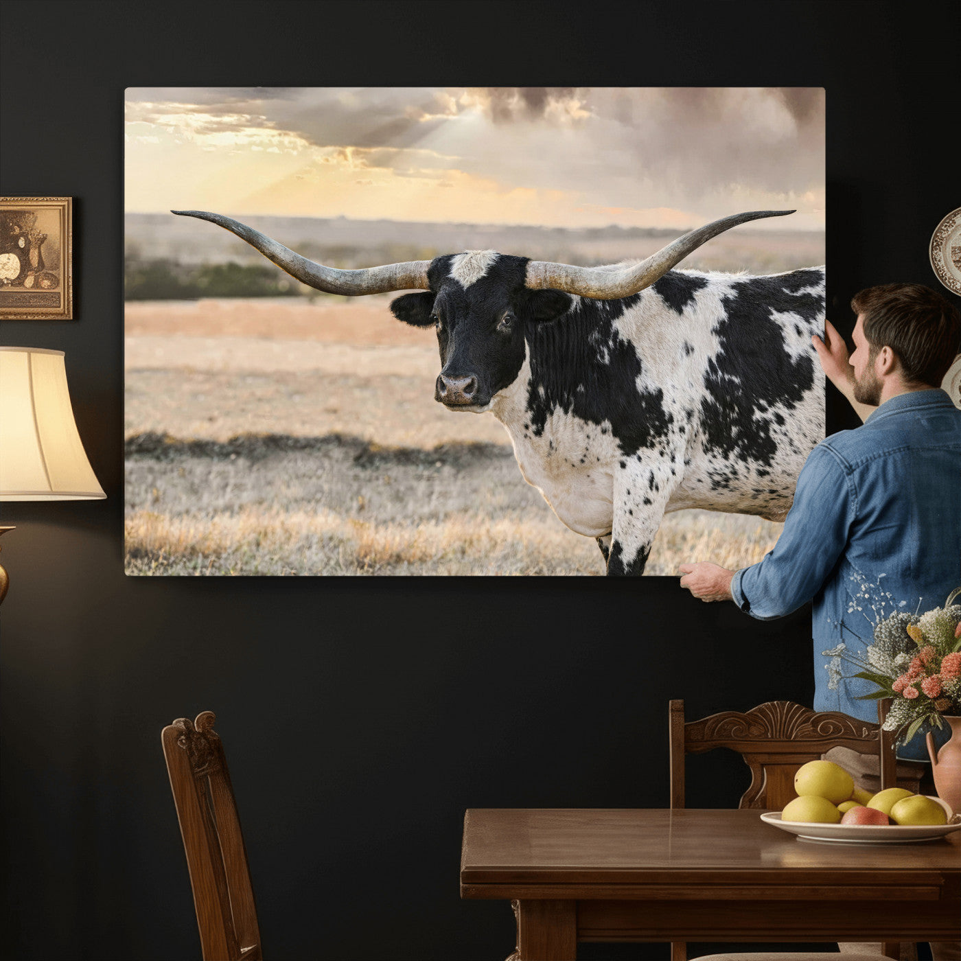 49350433-MGV-CV-36X24 - Texas Longhorn Bull Rustic Wall Art Canvas Print, Western Cattle Photography Canvas Print, Ranch Farm Animal Western Art Printing