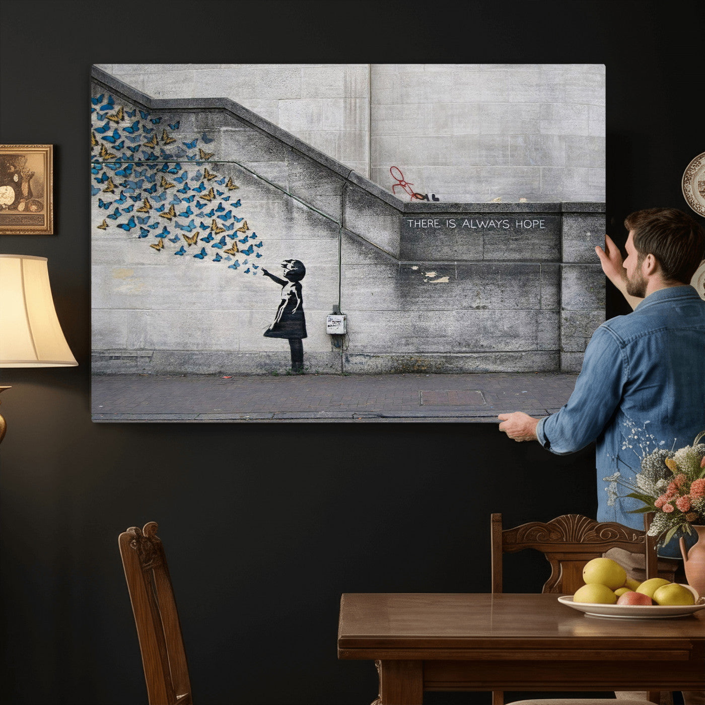 15274223-MGV-CV-36X24 - Banksy Girl with Butterflies Street Art Wall Art Canvas Print, Hope Graffiti Urban Art Canvas Print, Minimalist Inspirational Street Art Contemporary Art Printing