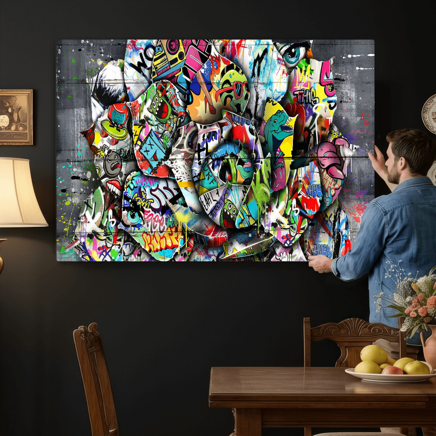 77553344-MGV-CV-36X24 - Abstract Graffiti Collage Street Art Wall Art Canvas Print, Colorful Urban Pop Art Canvas Print, Modern Graffiti Patchwork Contemporary Art Printing