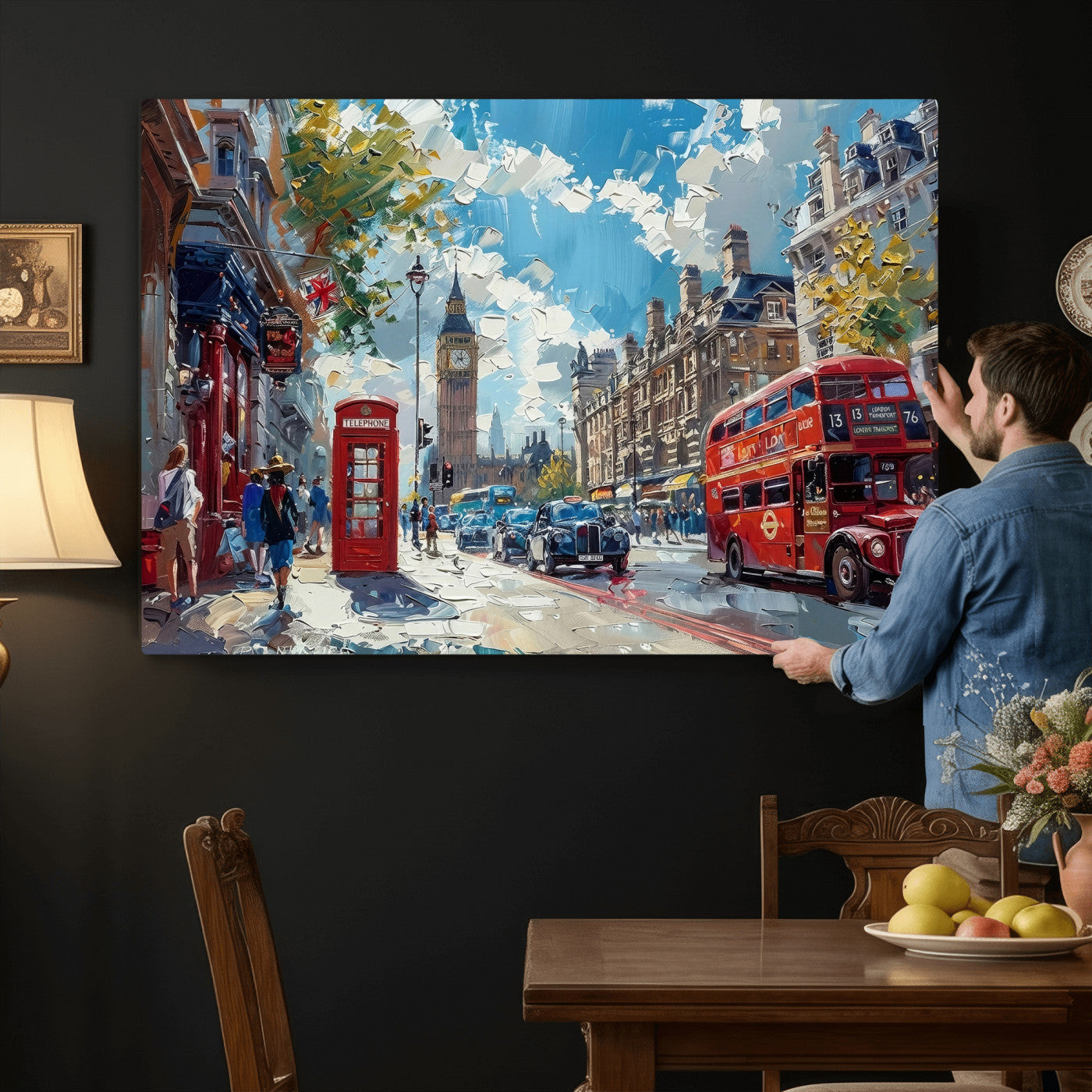 17630888-MGV-CV-36X24 - Modern London City Street Wall Art Canvas Print, Big Ben & Red Bus Artwork Canvas Print