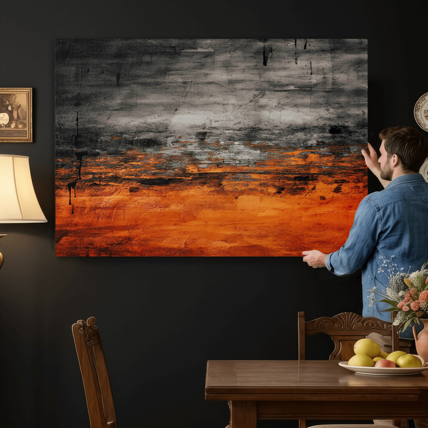 75409282-MGV-CV-36X24 - Black Orange Abstract Wall Art Canvas Print Modern Textured Painting Decor