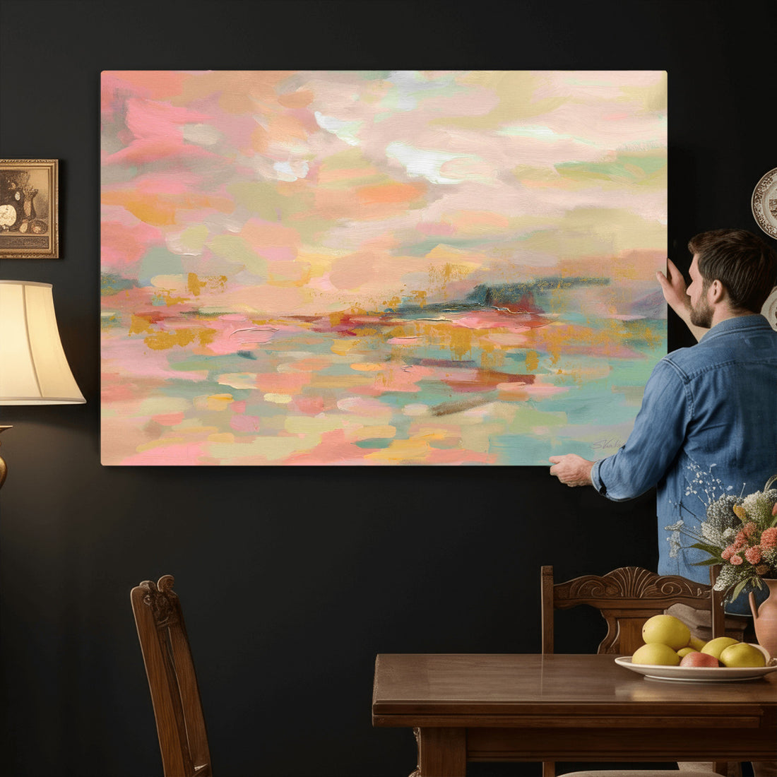 Abstract Pastel Landscape Wall Art Canvas Print | Soft Pink Teal Modern Art