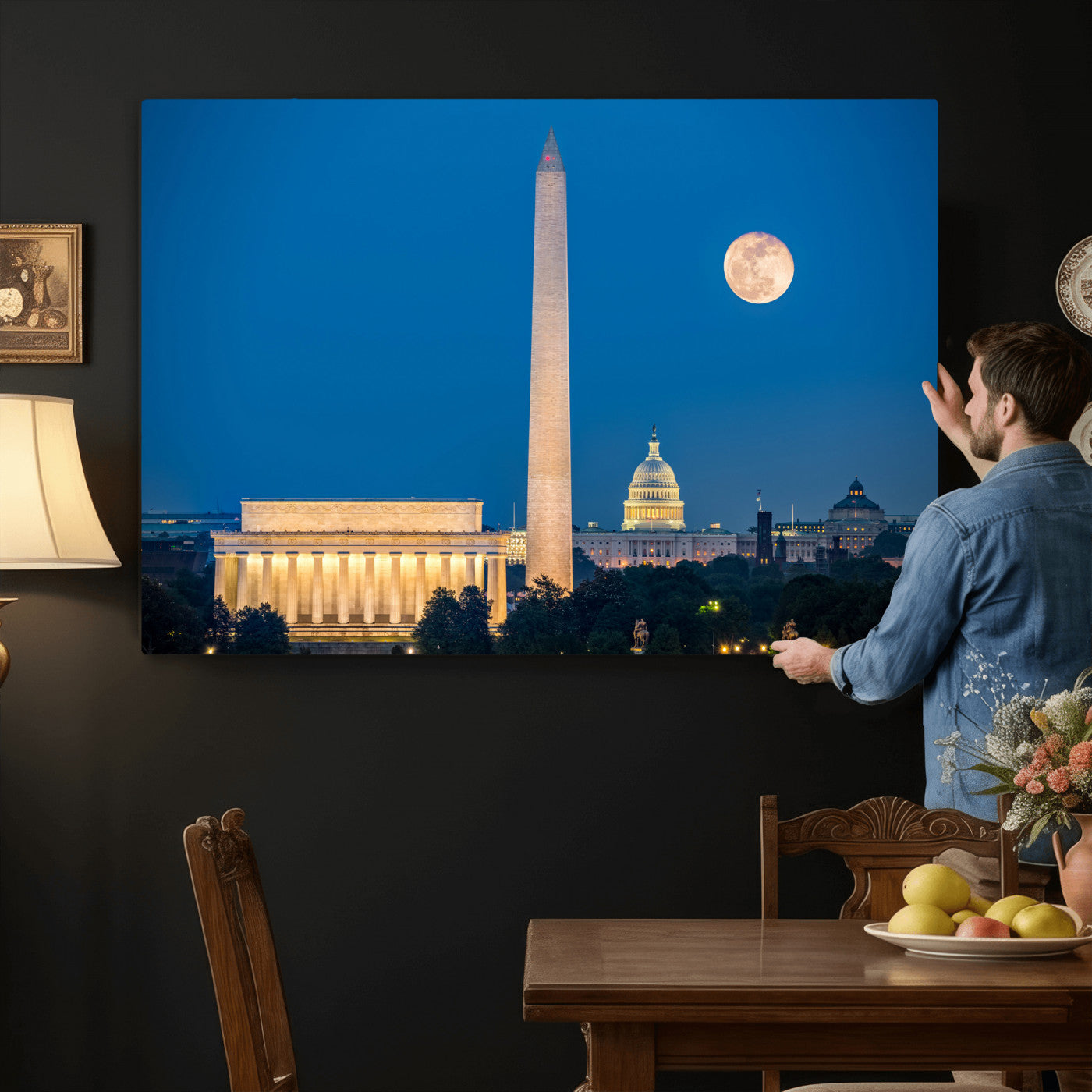 96712946-MGV-CV-36X24 - Washington DC Skyline Wall Art Canvas Print – Lincoln Memorial, Washington Monument and US Capitol Night Cityscape Artwork