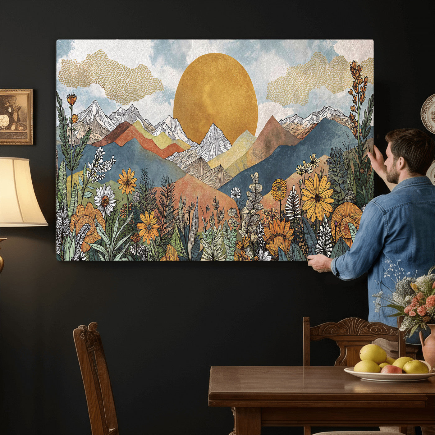 17540863-MGV-CV-36X24 - Boho Mountain Landscape Large Wall Art, Horizontal Gold Framed Canvas Print with Sun and Flowers