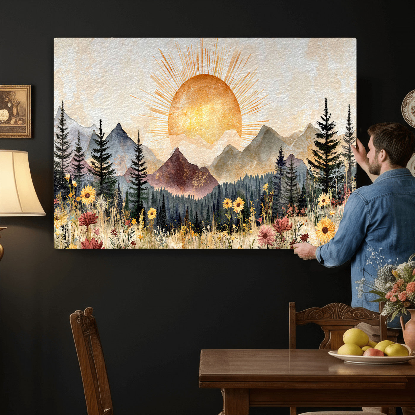 69025244-MGV-CV-36X24 - Boho Mountain Landscape Large Wall Art, Horizontal Gold Framed Canvas Print with Sun and Flowers