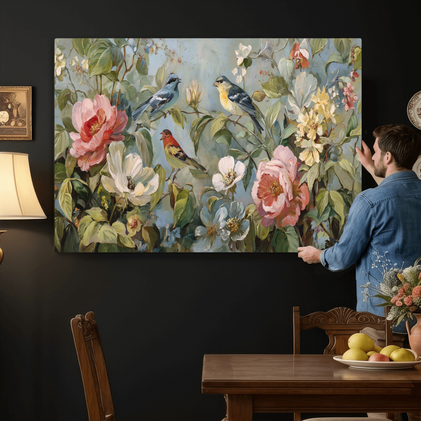 55440837-MGV-CV-36X24 - Vintage Birds and Flowers Wall Art Canvas Print, Botanical Bird Painting Canvas Print, Floral Garden Bird Artwork Canvas Print, Classic Bird Flower Painting Canvas Print