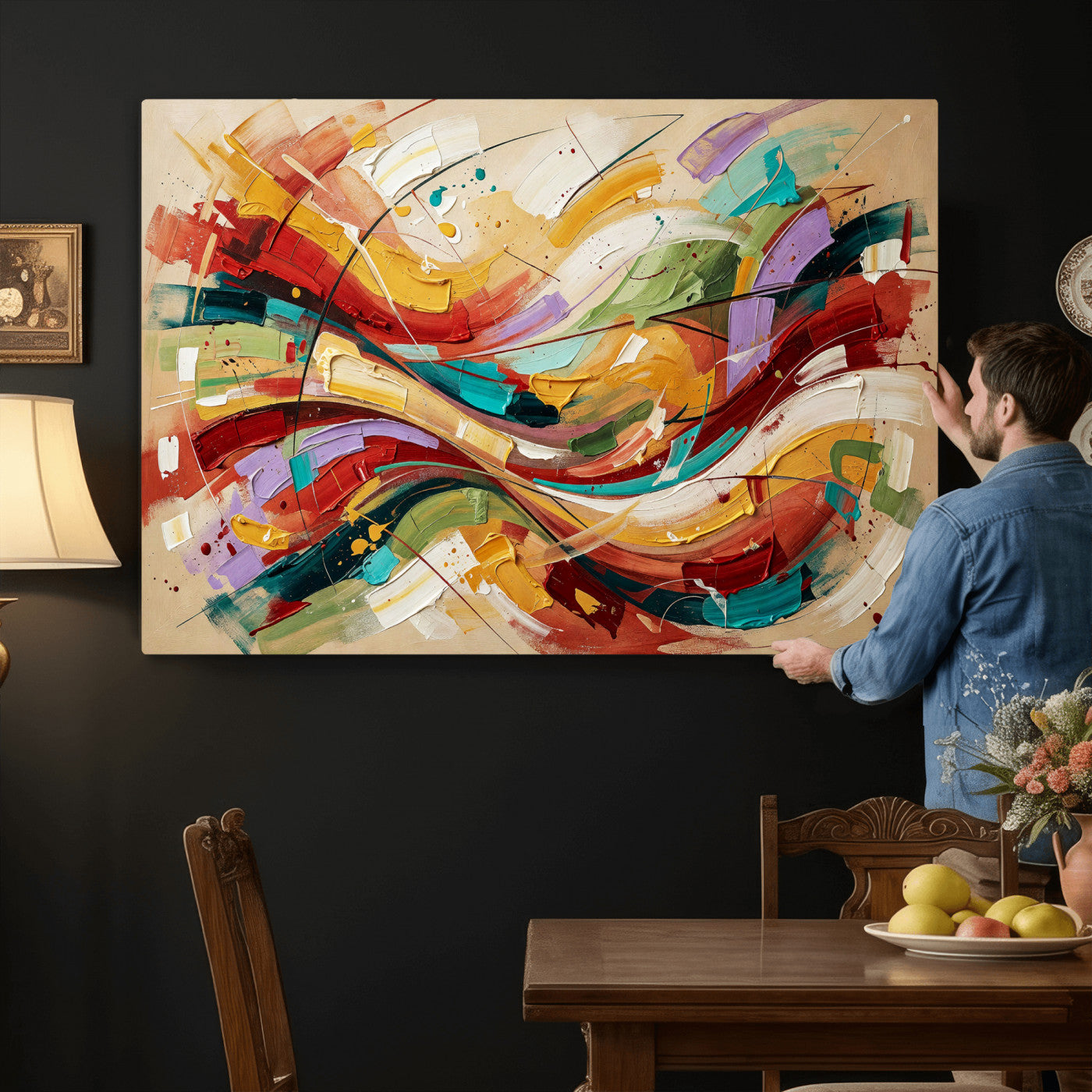 39887645-MGV-CV-36X24 - Geometric Abstract Wall Art Canvas Print, Orange Blue Abstract Expressionist Painting Print, Modern Geometric Abstract Canvas Art