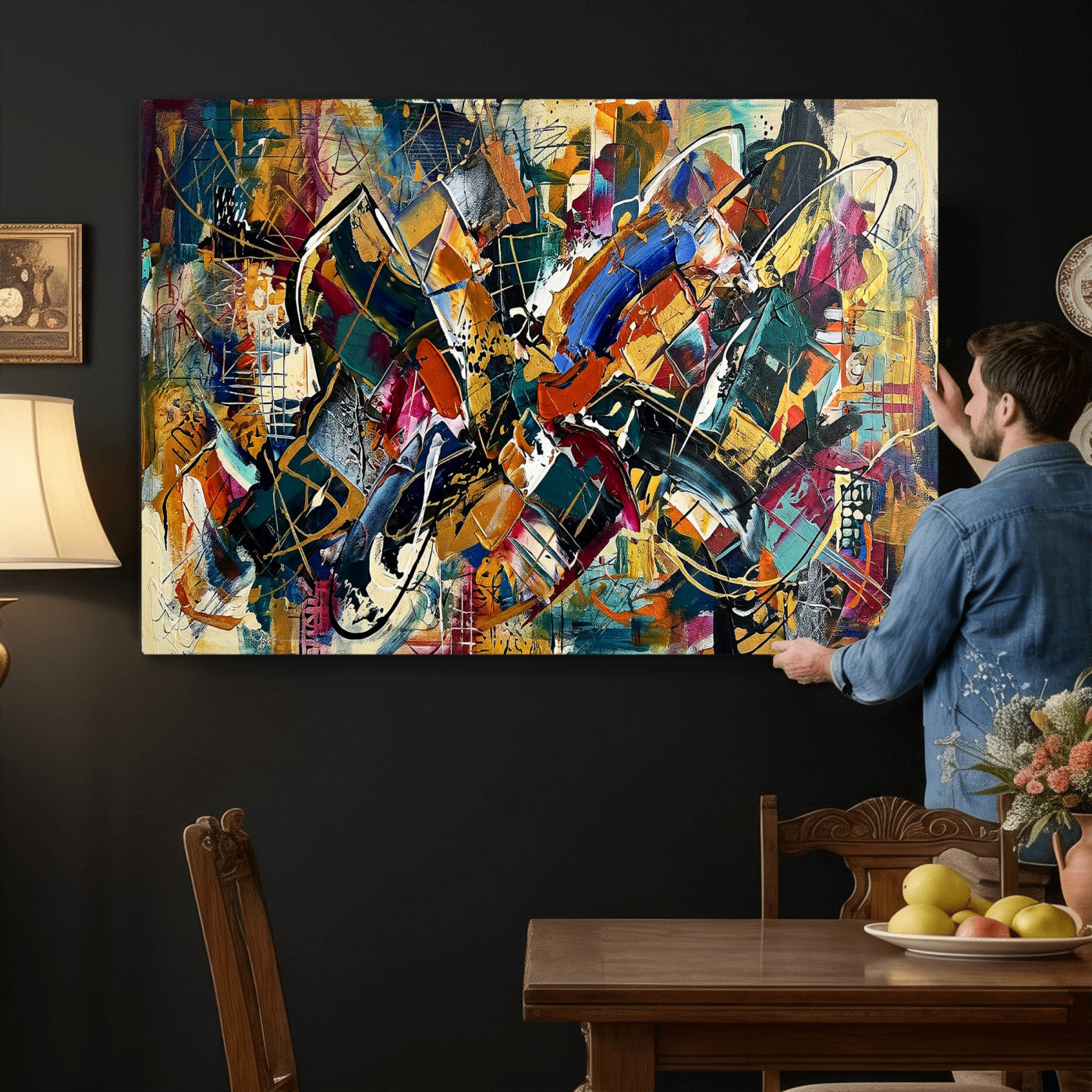 15525527-MGV-CV-36X24 - Geometric Abstract Wall Art Canvas Print, Orange Blue Abstract Expressionist Painting Print, Modern Geometric Abstract Canvas Art