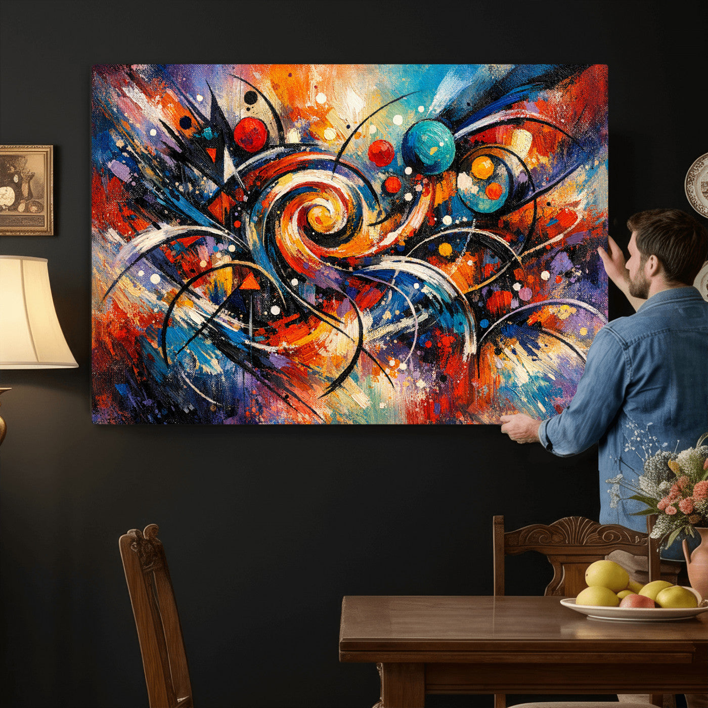 60193267-MGV-CV-36X24 - Geometric Abstract Wall Art Canvas Print, Orange Blue Abstract Expressionist Painting Print, Modern Geometric Abstract Canvas Art