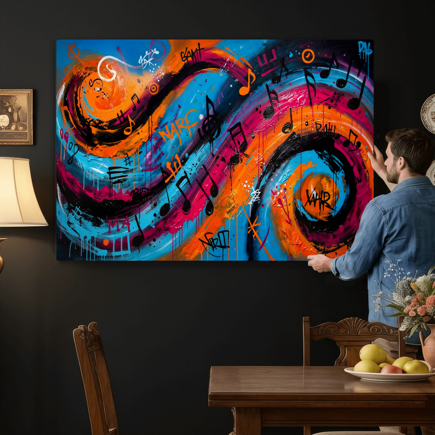 34936518-MGV-CV-36X24 - Geometric Abstract Wall Art Canvas Print, Orange Blue Abstract Expressionist Painting Print, Modern Geometric Abstract Canvas Art