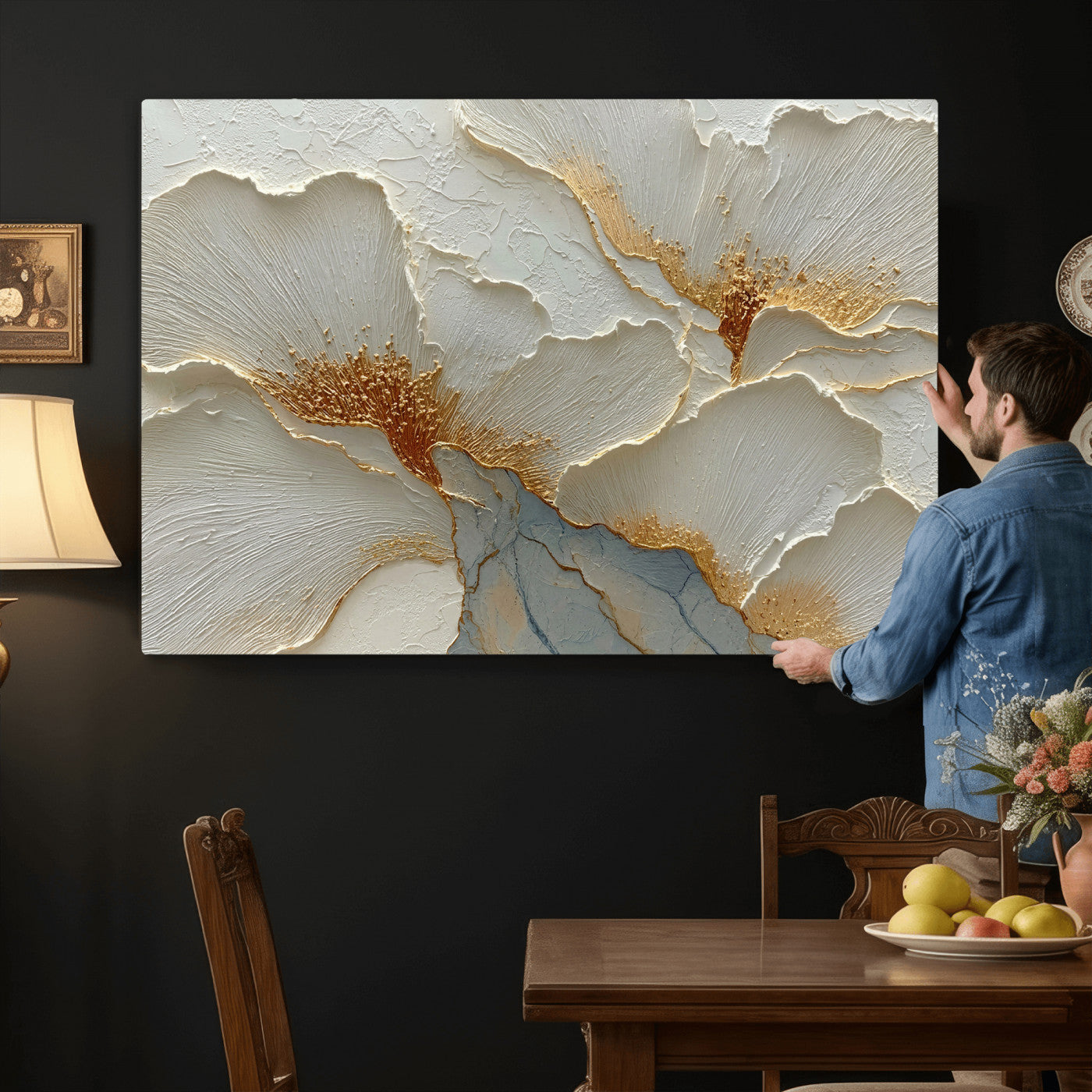 4712069F1-MGV-CV-36X24 - White Gold Floral Canvas Wall Art — Textured Flower Print | Luxury Botanical Decor | Elegant Bedroom Art | Gold Leaf Wall Art Gift