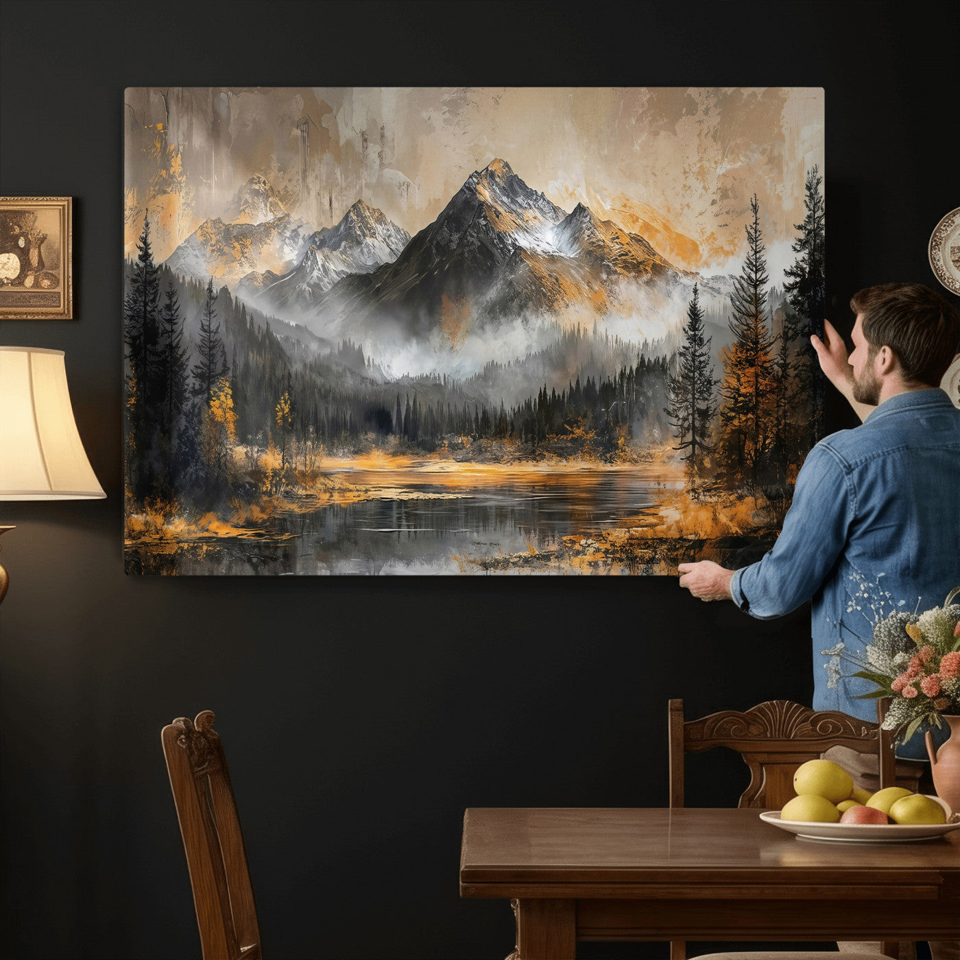 4712069D1-MGV-CV-36X24 - Mountain Lake Canvas Wall Art — Rustic Forest Landscape Print | Gold Grey Nature Decor | Cabin Wall Art | Large Wilderness Art Print Gift