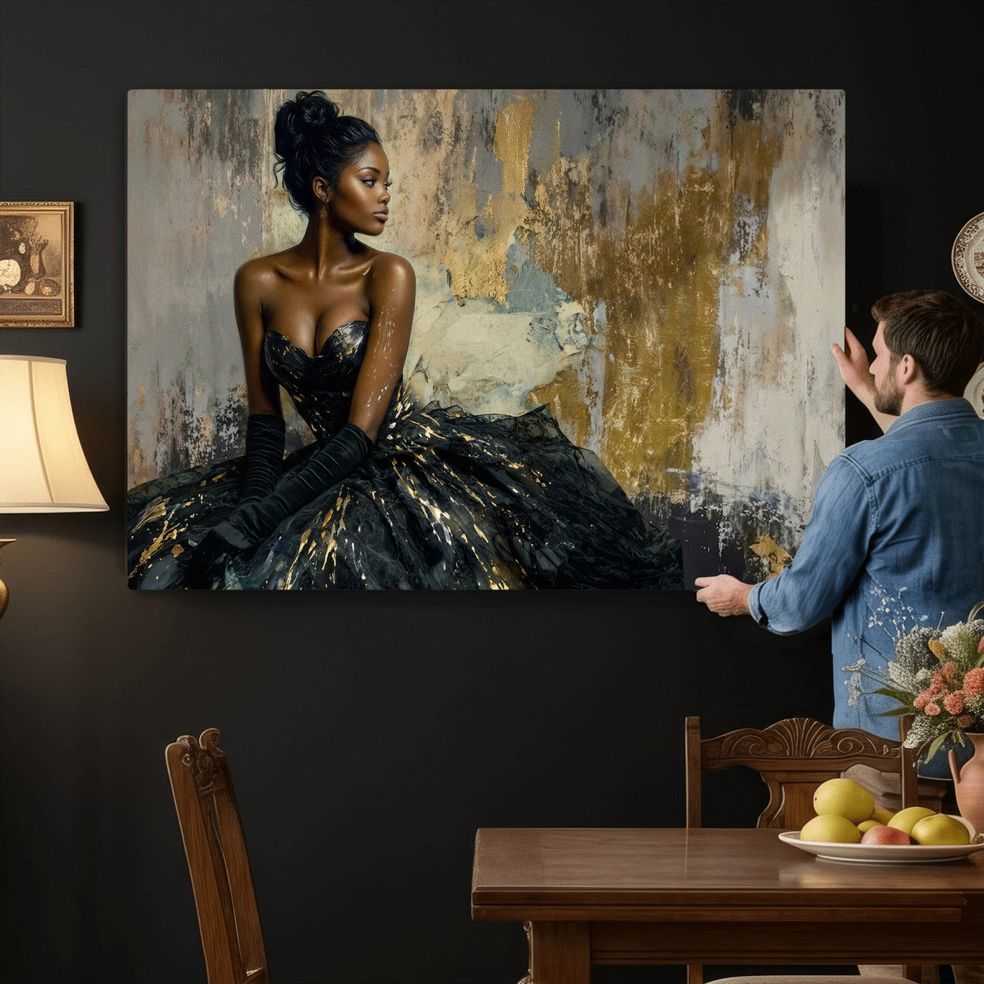 4712069Z1-MGV-CV-36X24 - Elegant Woman Canvas Wall Art — Black Gold Gown Fashion Print | Luxury Glam Wall Decor | African American Art | Bold Bedroom Wall Art Gift